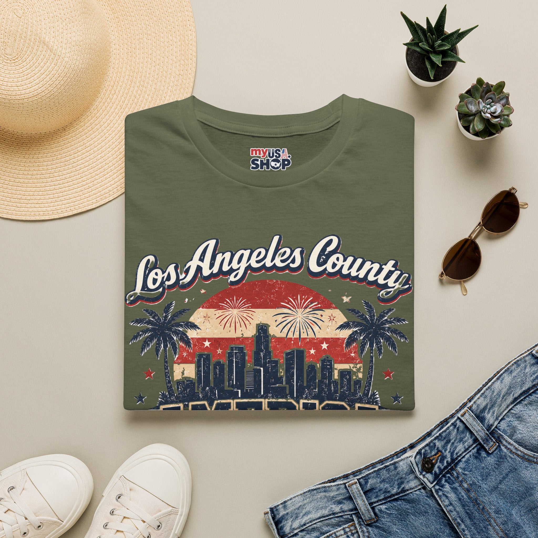 Los Angeles County Skyline T-Shirt — Vintage American 250 Fireworks Design