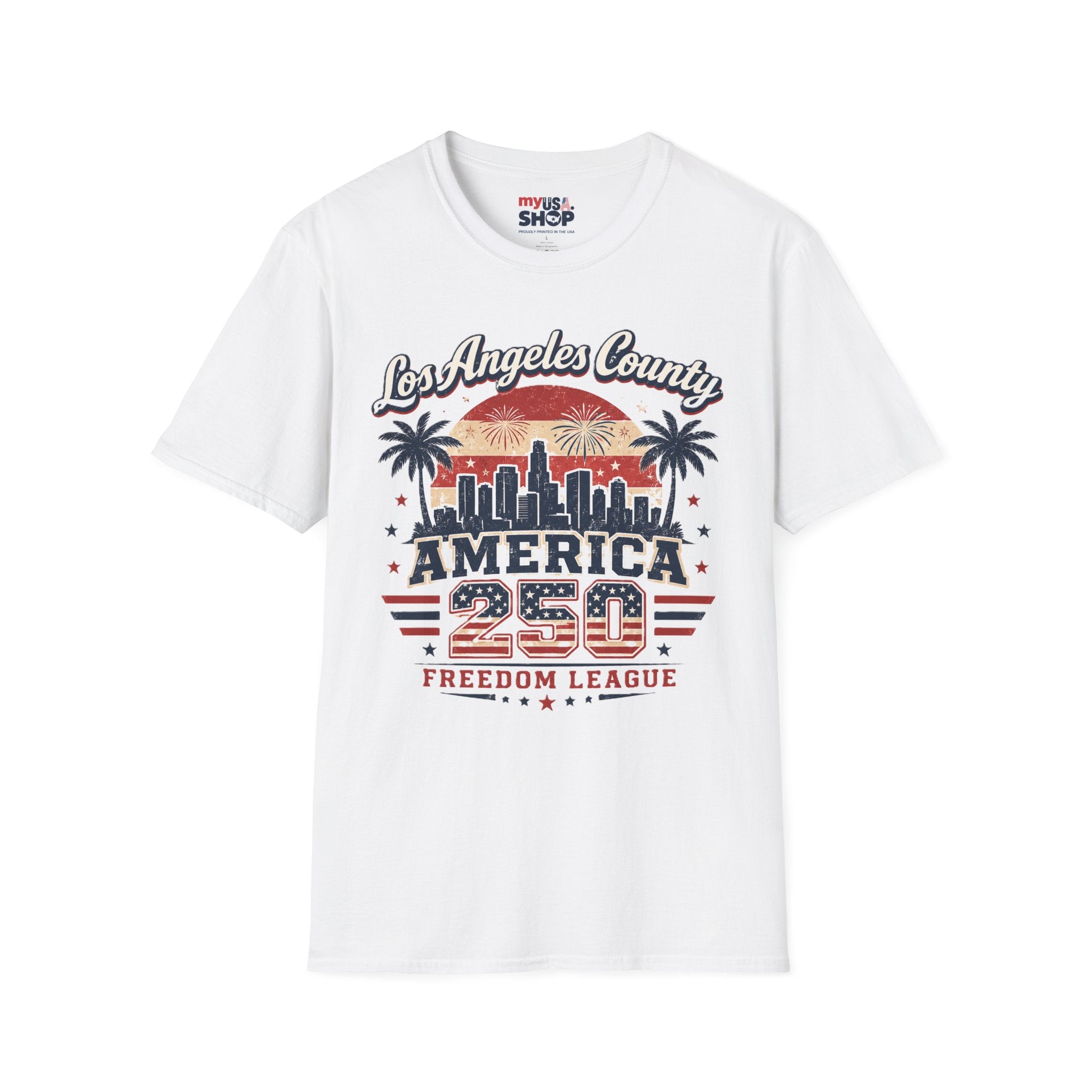 Los Angeles County Skyline T-Shirt — Vintage American 250 Fireworks Design