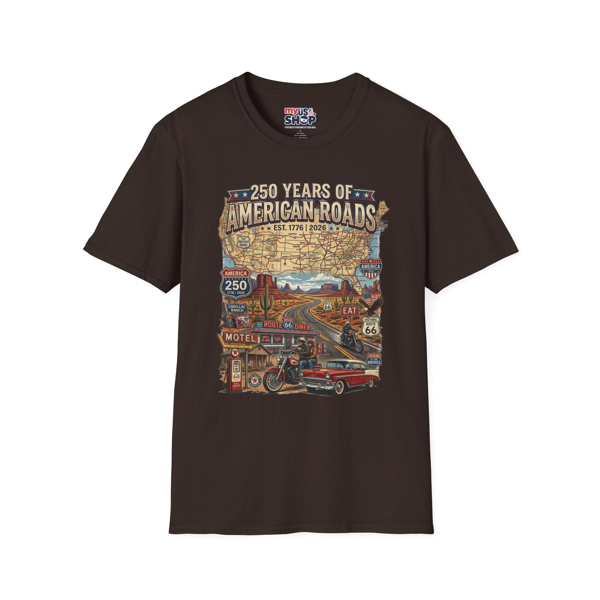 250 Years of American Roads T‑Shirt — Vintage USA Roadmap & Route 66 Travel Tee America 250 Pop Culture