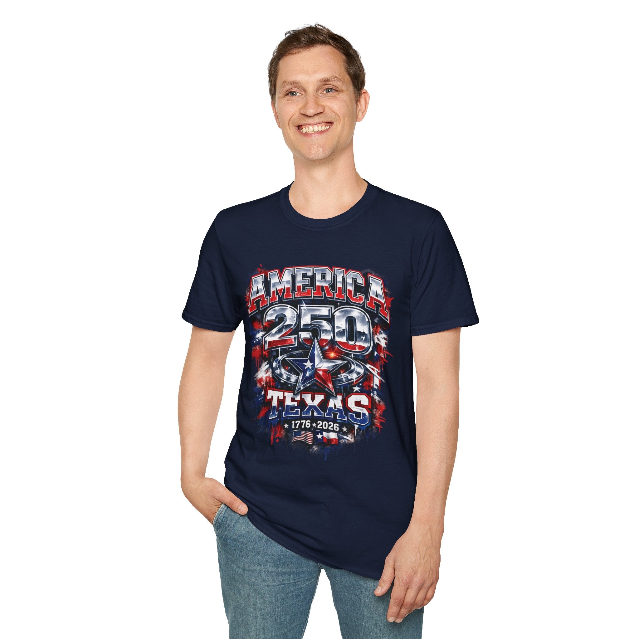 America 250 Texas Shirt — Patriotic Chrome Star Graphic Tee