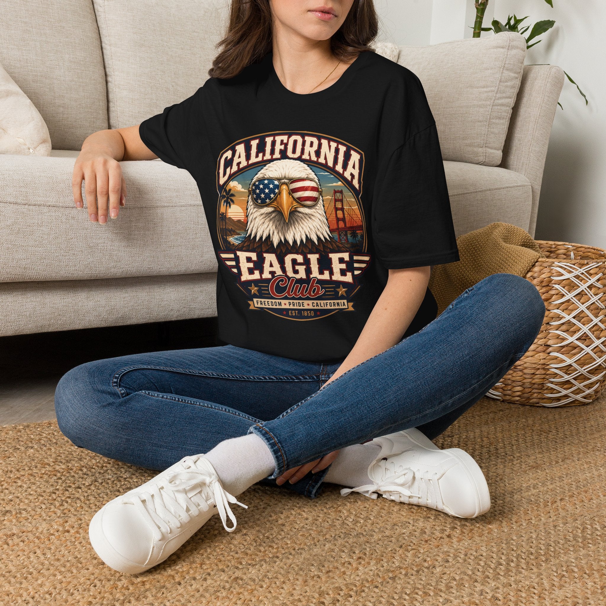 America 250 California Eagle Club T-Shirt — Patriotic Vintage Bald Eagle & Golden Gate Tee