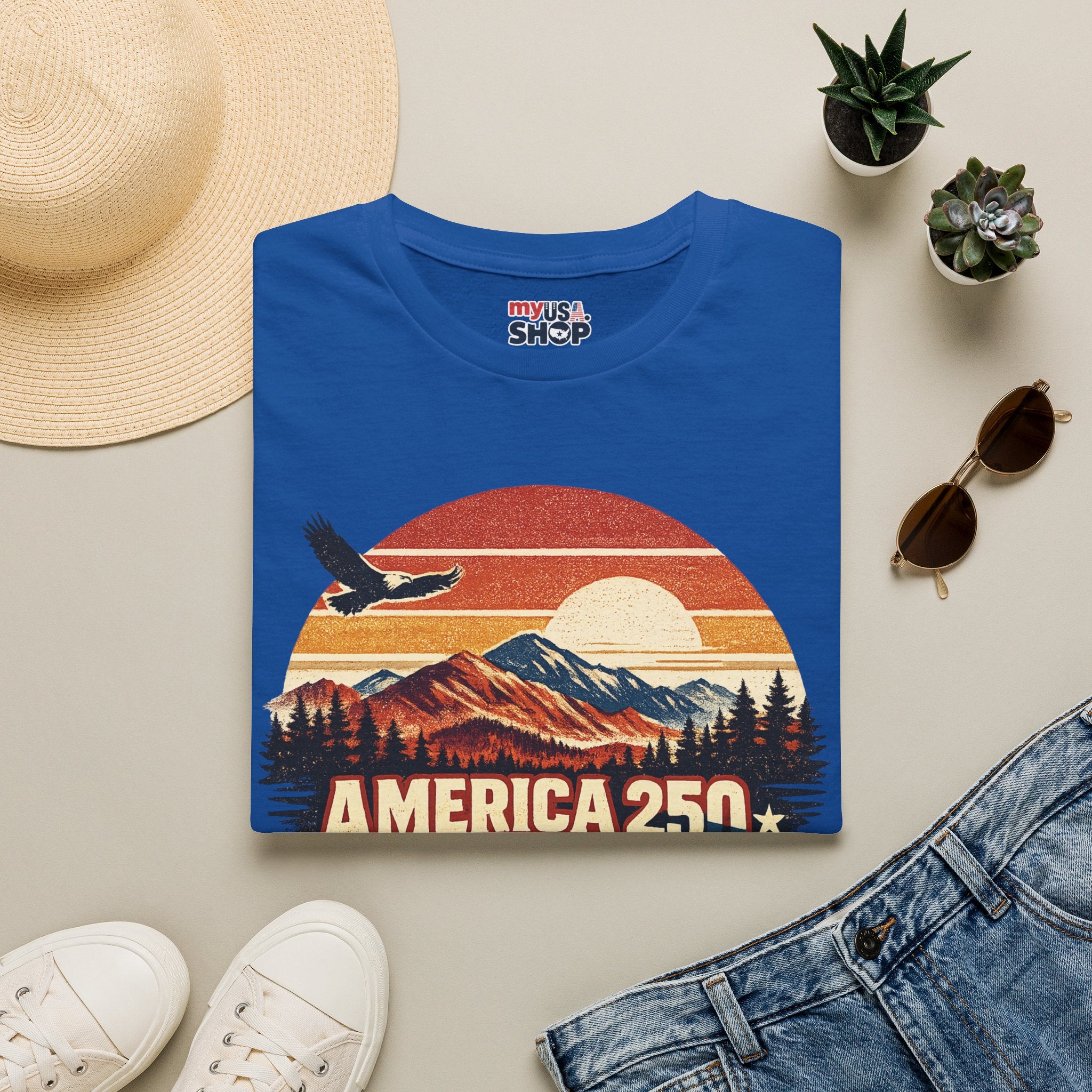 America 250 Retro Sunrise T-Shirt — West Virginia Scenic Eagle Design