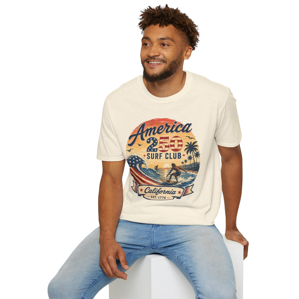 America 250 Surf Club T-Shirt — Patriotic California Surf Vintage Tee
