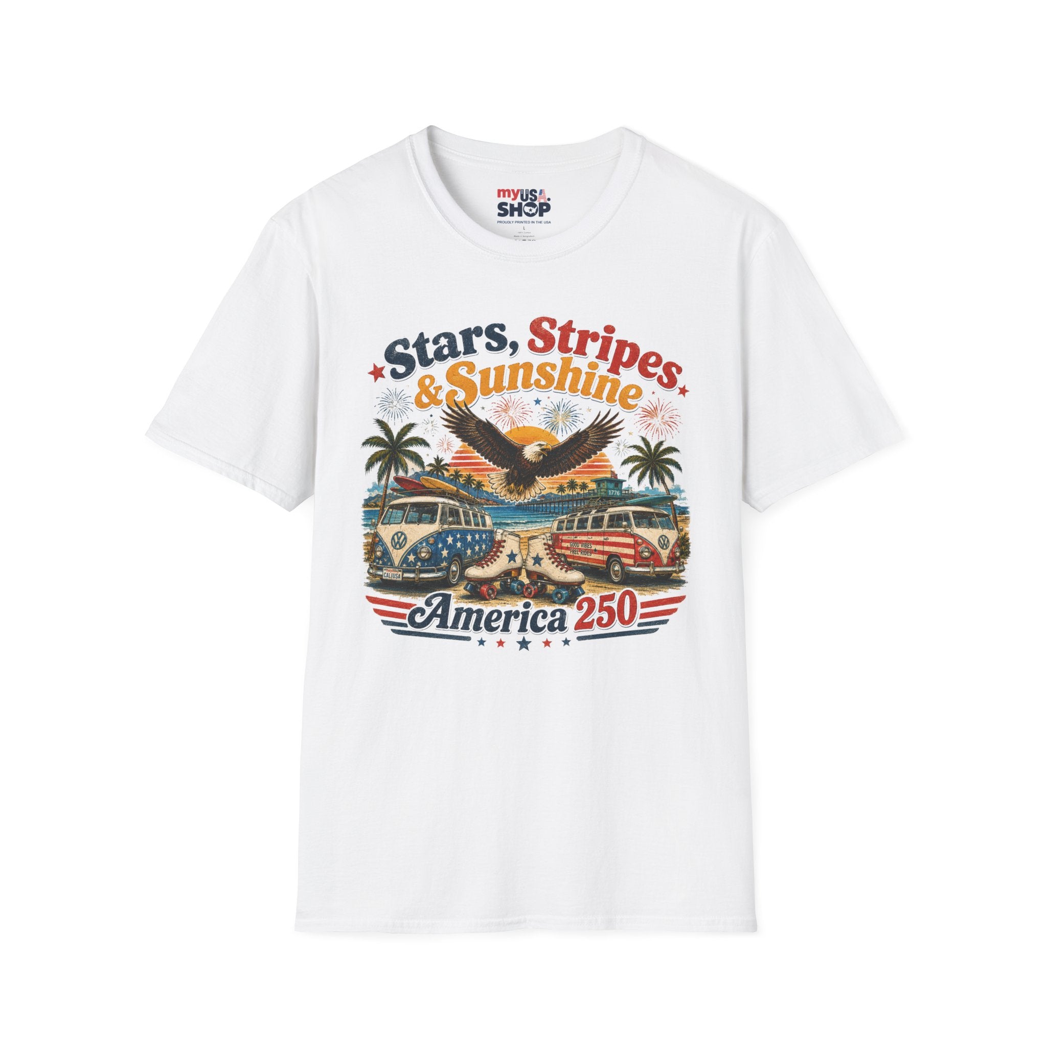 America 250 Stars, Stripes & Sunshine T-Shirt — Vintage Eagle Beach Americana Tee