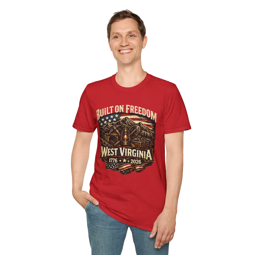 America 250 T-Shirt — Built on Freedom West Virginia Vintage Flag Mountain