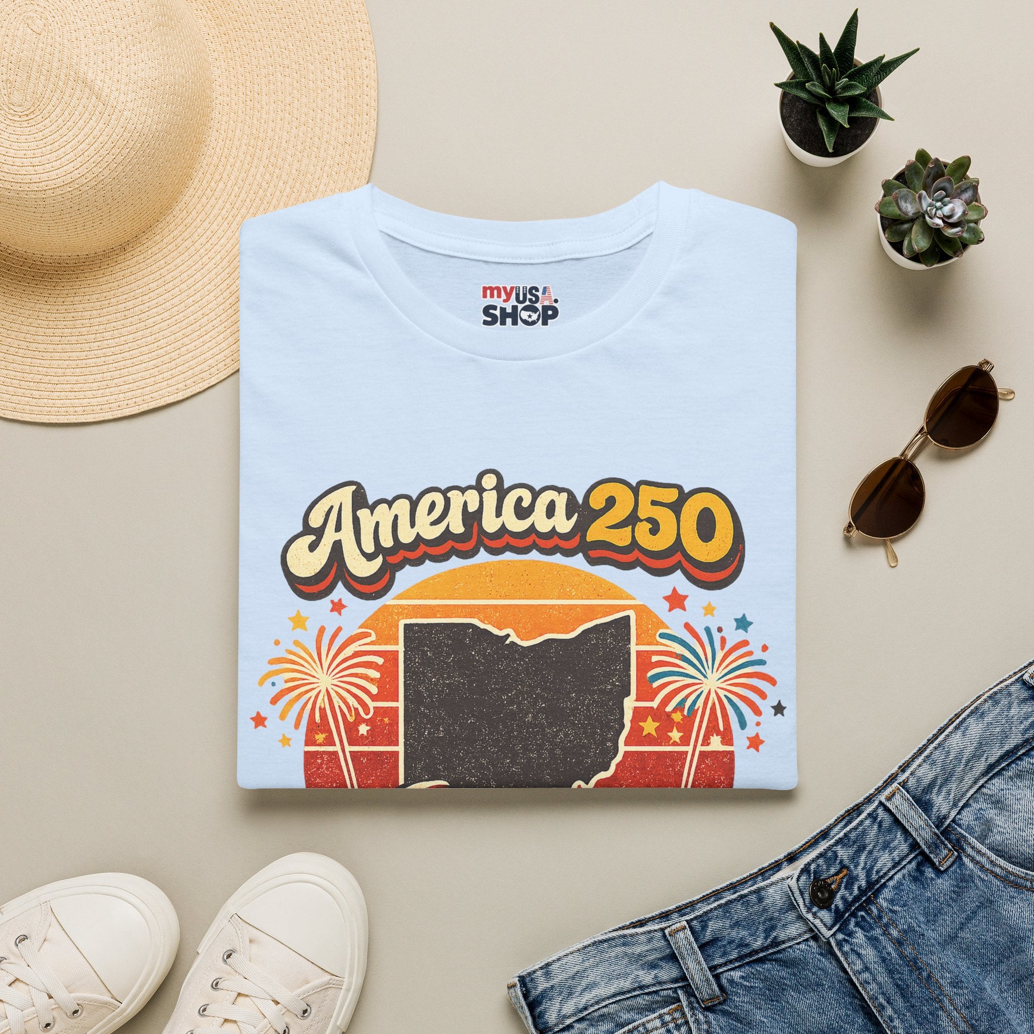 America 250 Ohio T‑Shirt — Retro Fireworks Bicentennial Celebration Tee