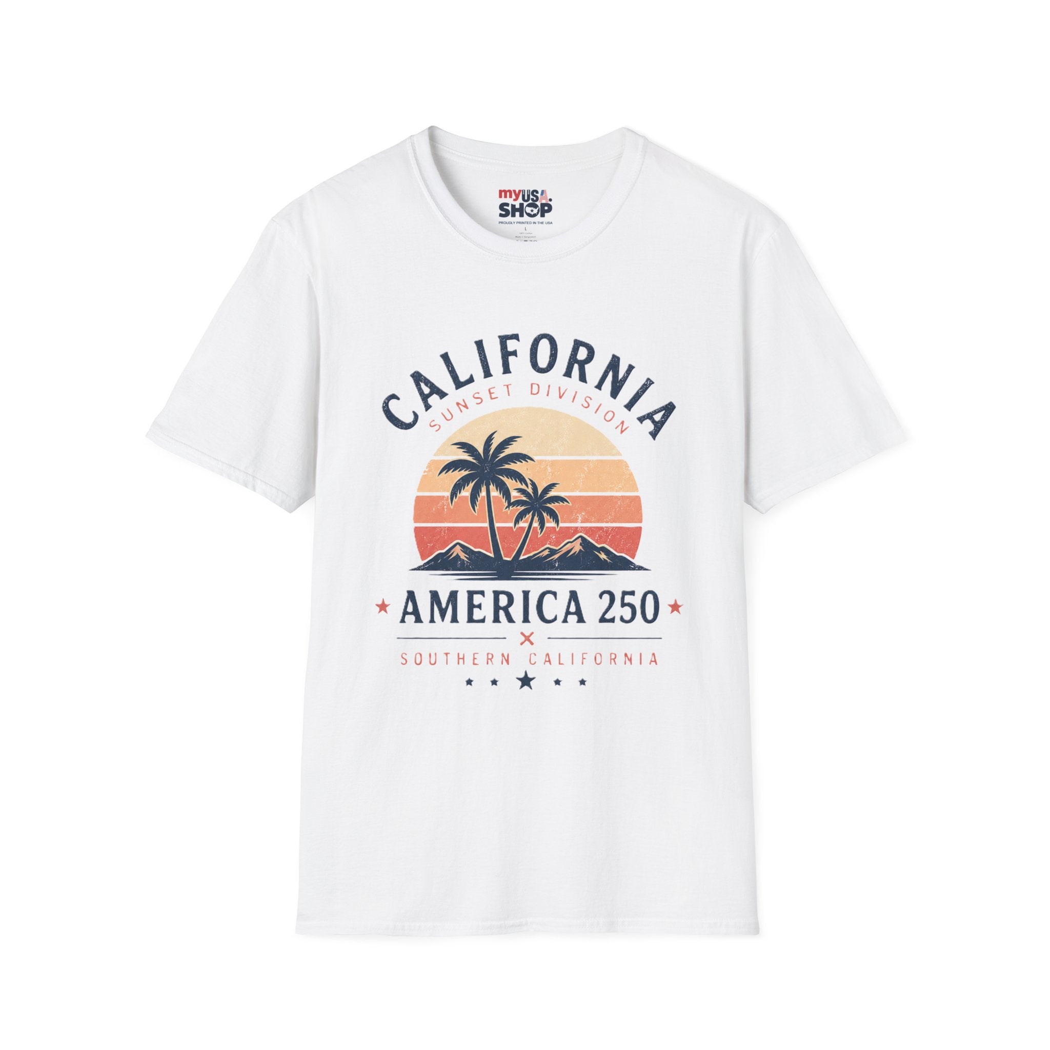America 250 California Sunset T-Shirt — Palm Tree Retro Beach Tee
