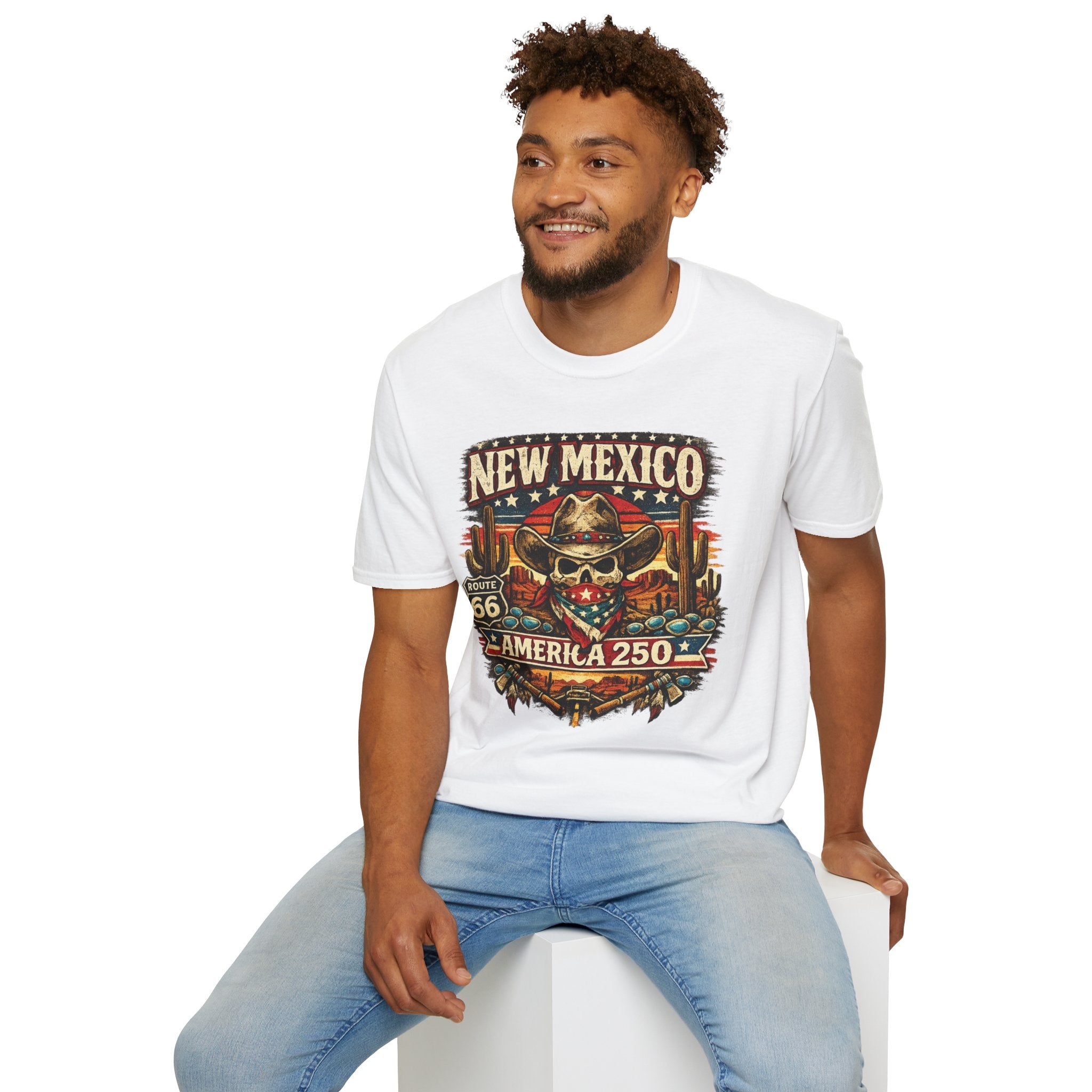 America 250 New Mexico Skull Cowboy T-Shirt — Route 66 Americana Desert Tee