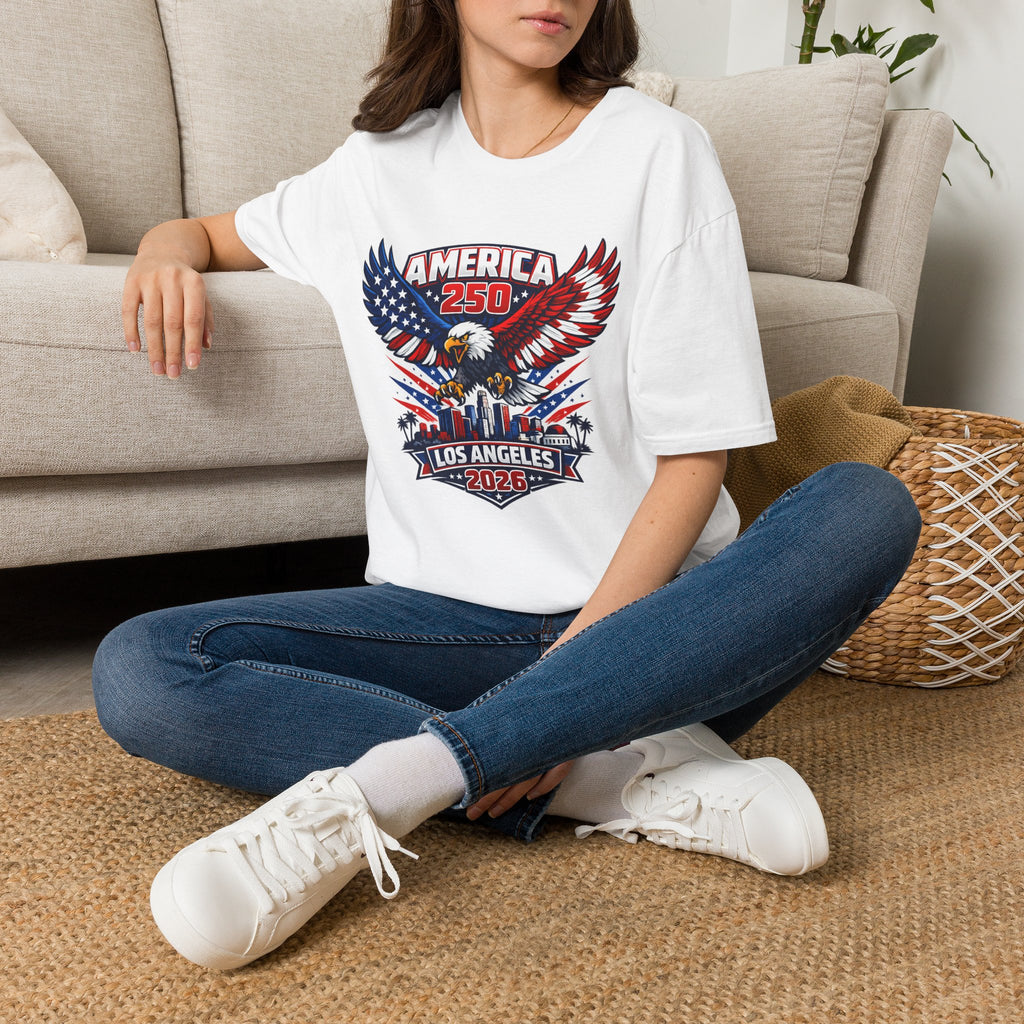 America 250 Los Angeles Skyline Patriotic Eagle California Tee