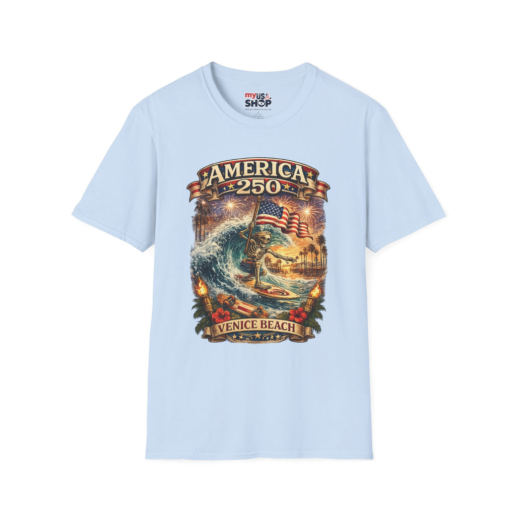 America 250 Venice Beach T-Shirt — Patriotic Vintage Surf & Fireworks Tee