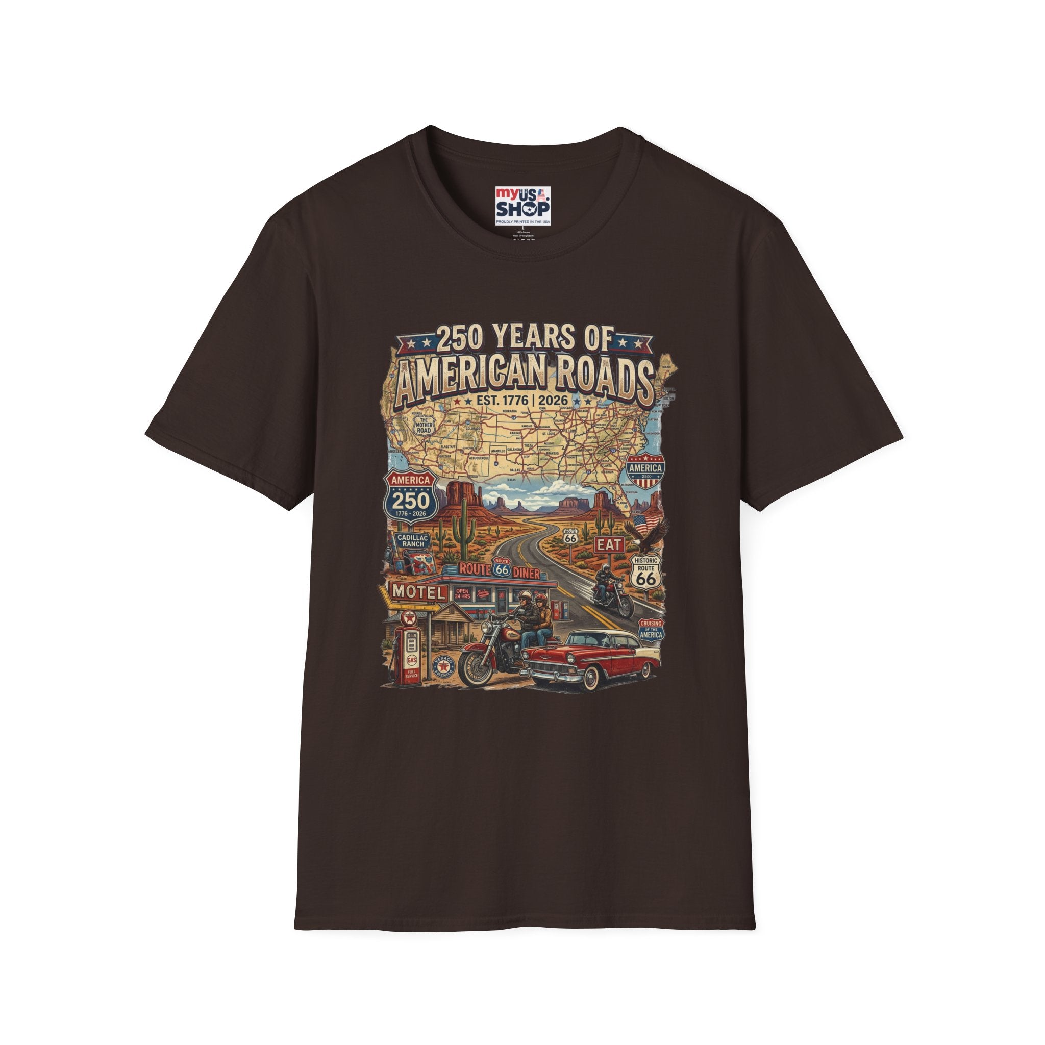 250 Years of American Roads T‑Shirt — Vintage USA Roadmap & Route 66 Travel Tee America 250 Pop Culture