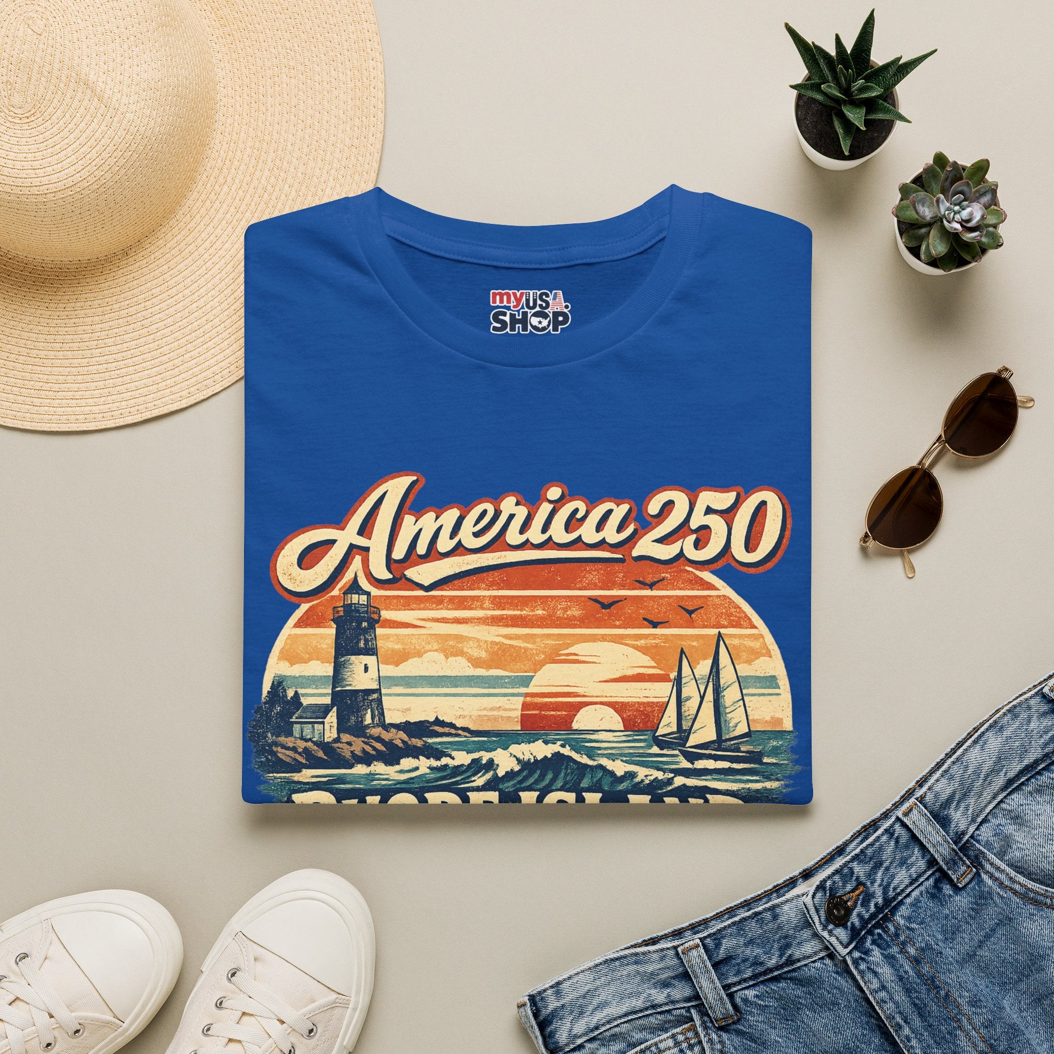 America 250 Rhode Island Heritage Shirt — Coastal Lighthouse Sunset Tee