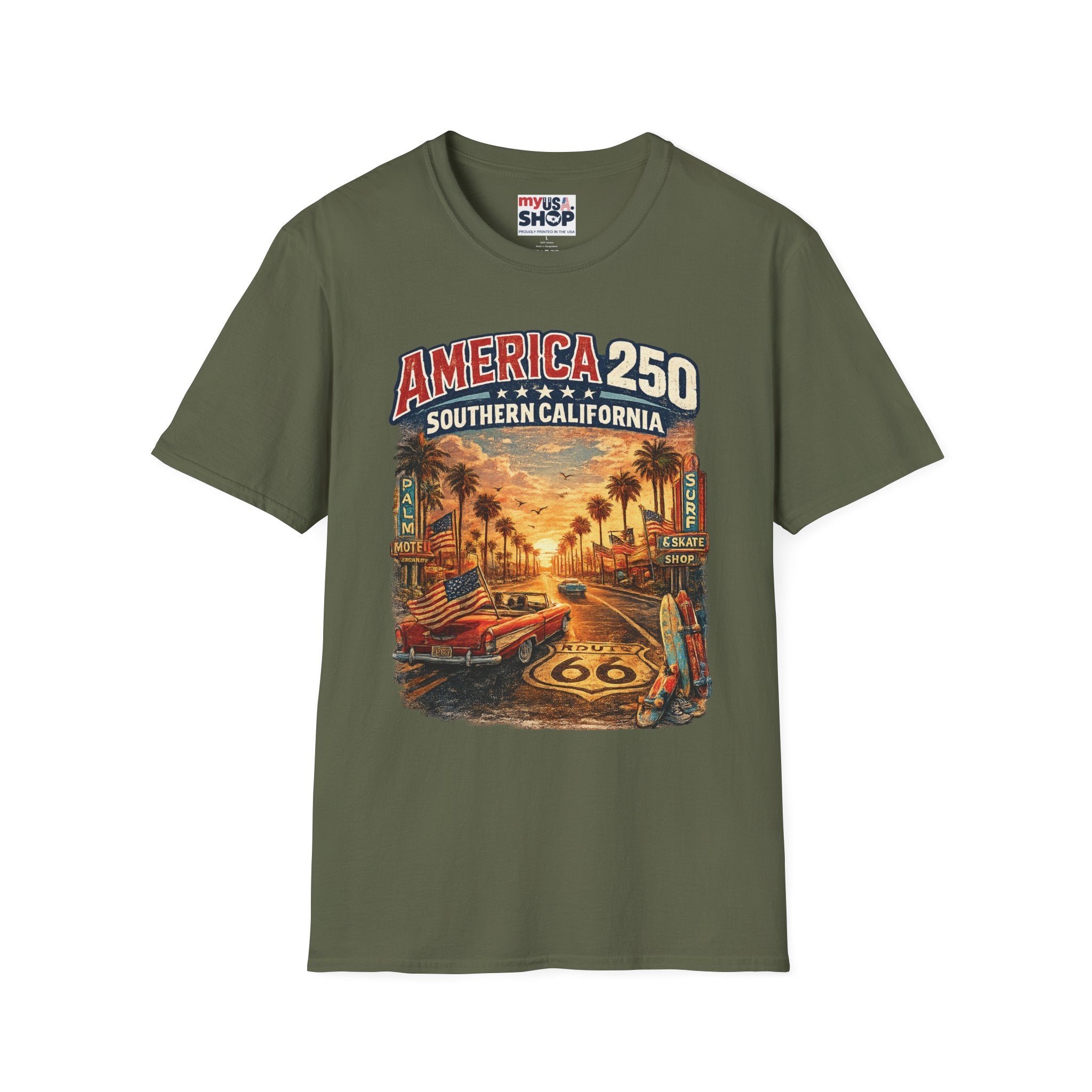 America 250 Southern California Sunset T‑Shirt — Retro Route 66 Palm Tree Tee