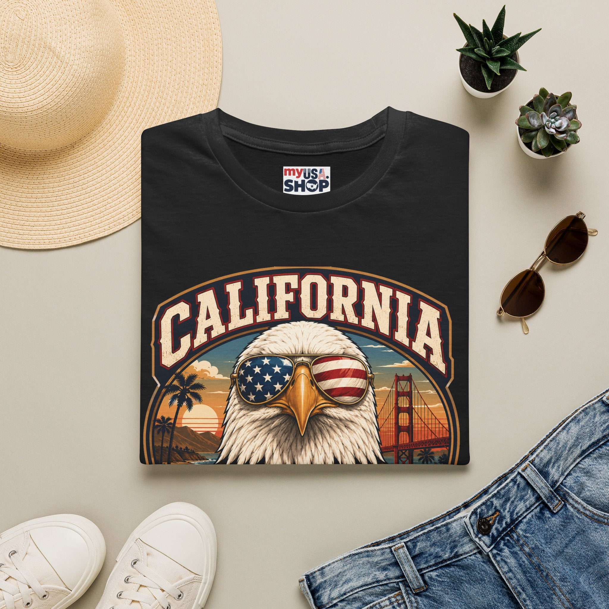 America 250 California Eagle Club T-Shirt — Patriotic Vintage Bald Eagle & Golden Gate Tee