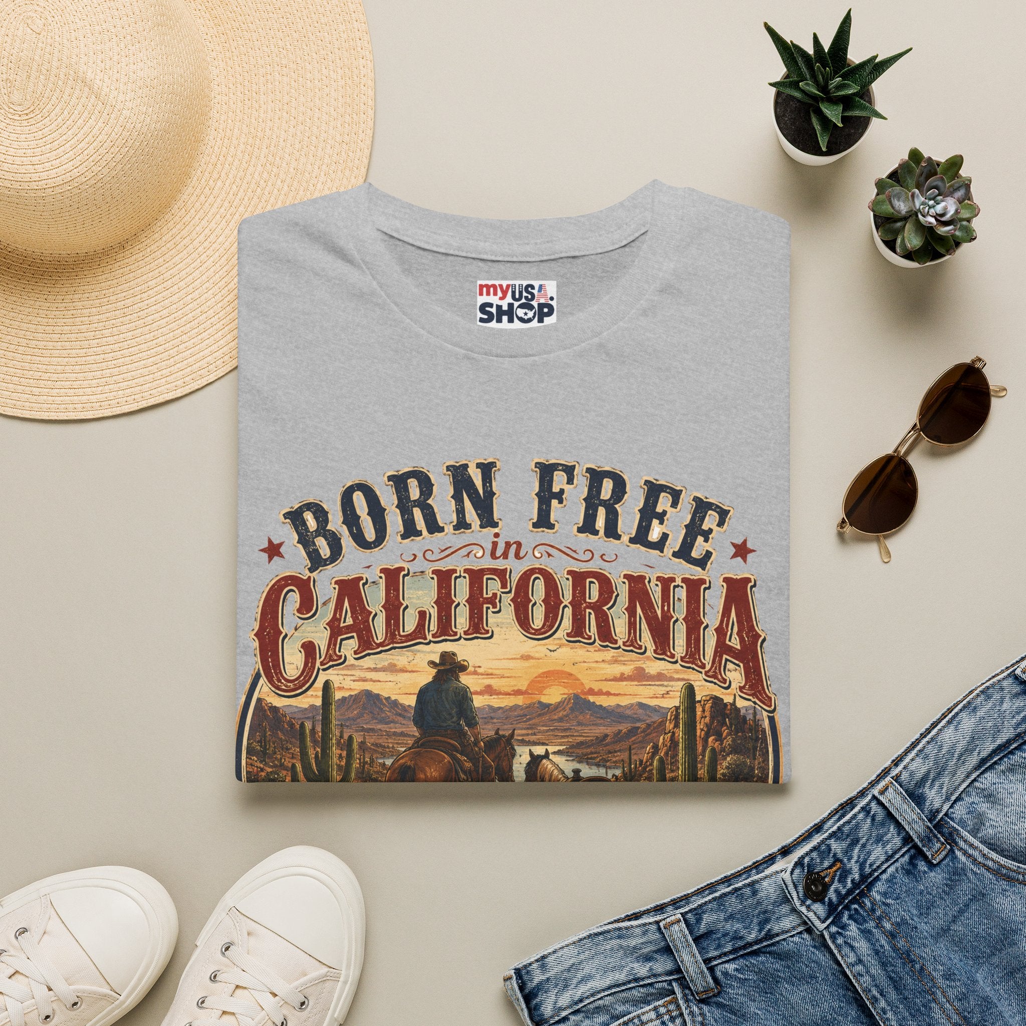 America 250 Born Free in California T-Shirt — Vintage Western Sunset Graphic