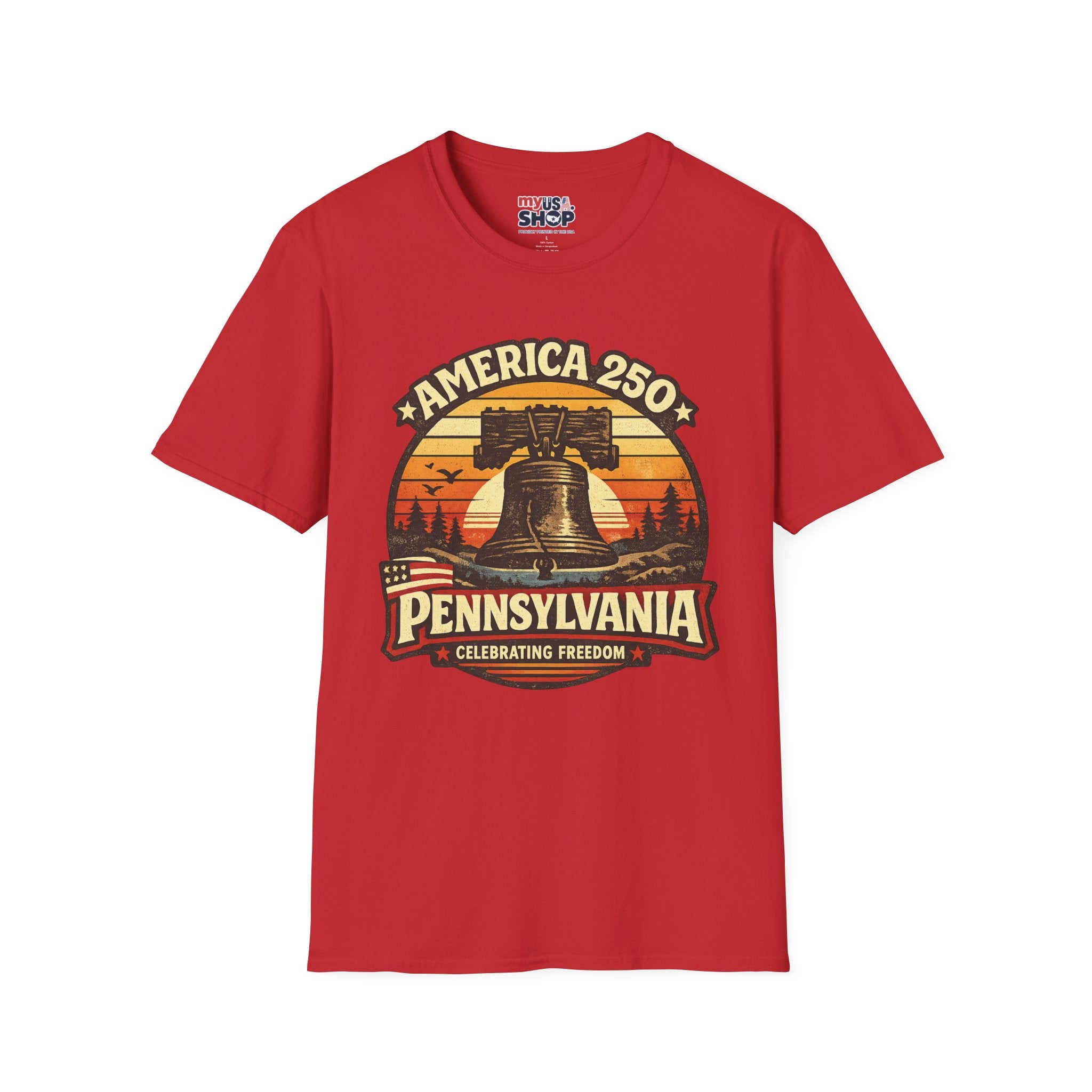 Pennsylvania America 250 Shirt — Retro Sunset Liberty Bell Graphic Tee