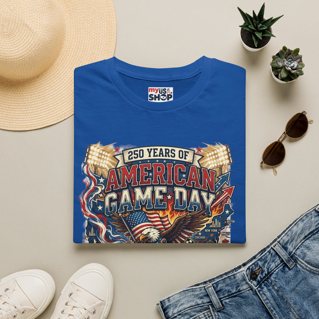 American Game Day T-Shirt — 250 Years USA Football & Baseball Celebration Pop Culture
