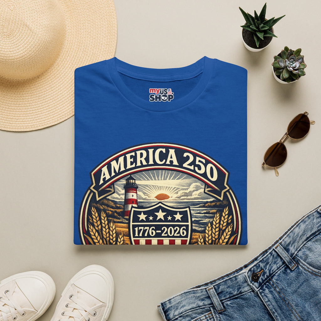 America 250 Commemorative T-Shirt – Wisconsin History Lighthouse Vintage Badge