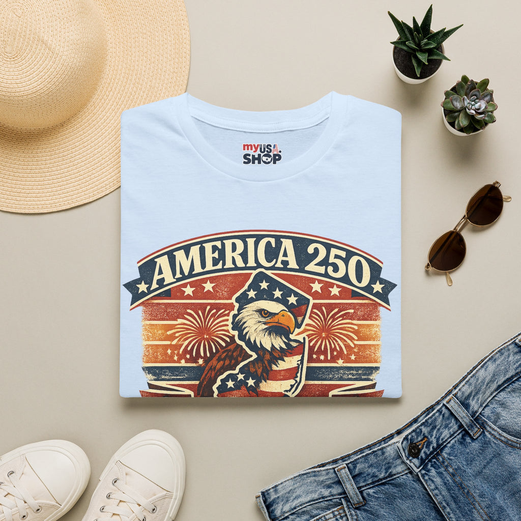 America 250 New Jersey T‑Shirt — Patriotic Bald Eagle & Fireworks Tee