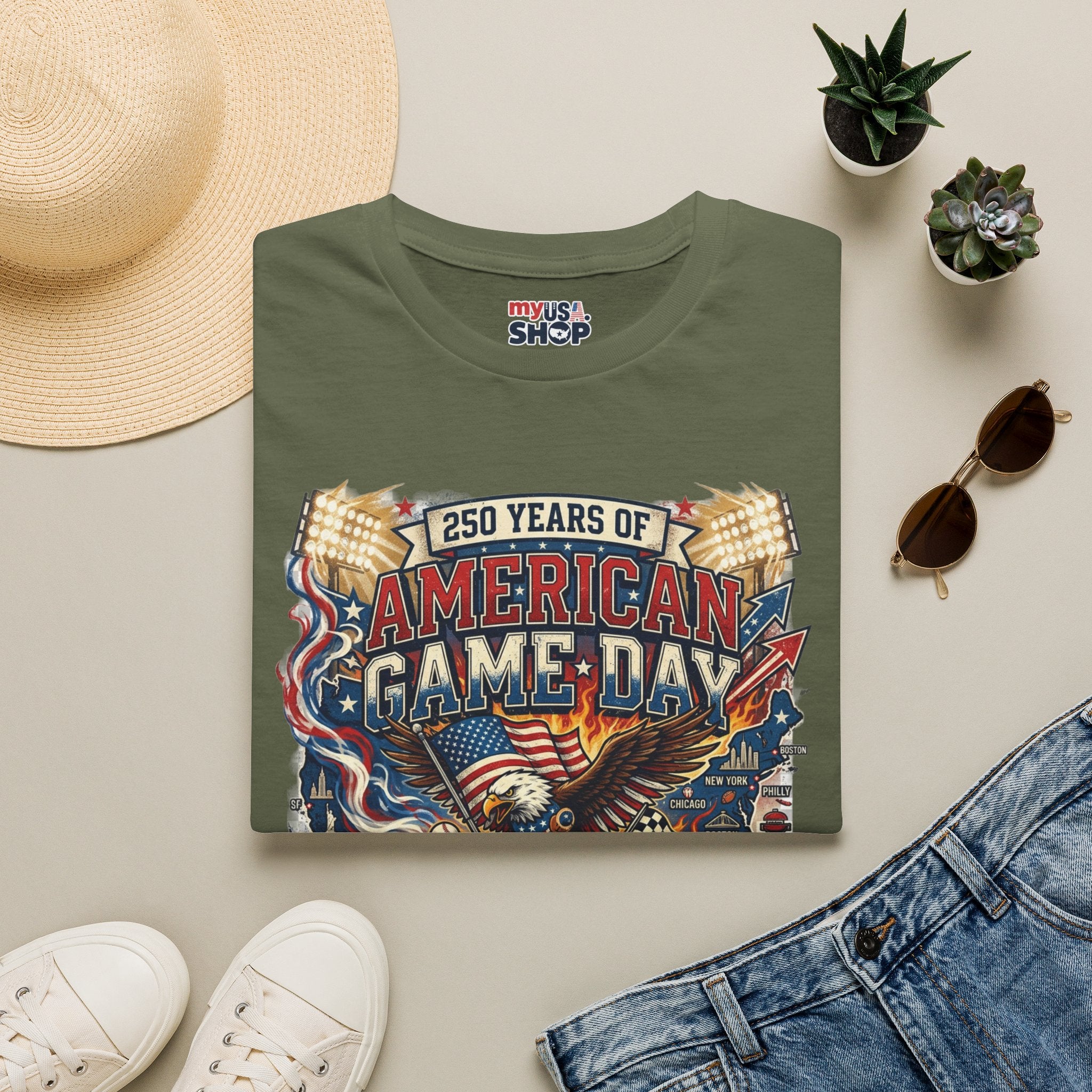 American Game Day T-Shirt — 250 Years USA Football & Baseball Celebration Pop Culture