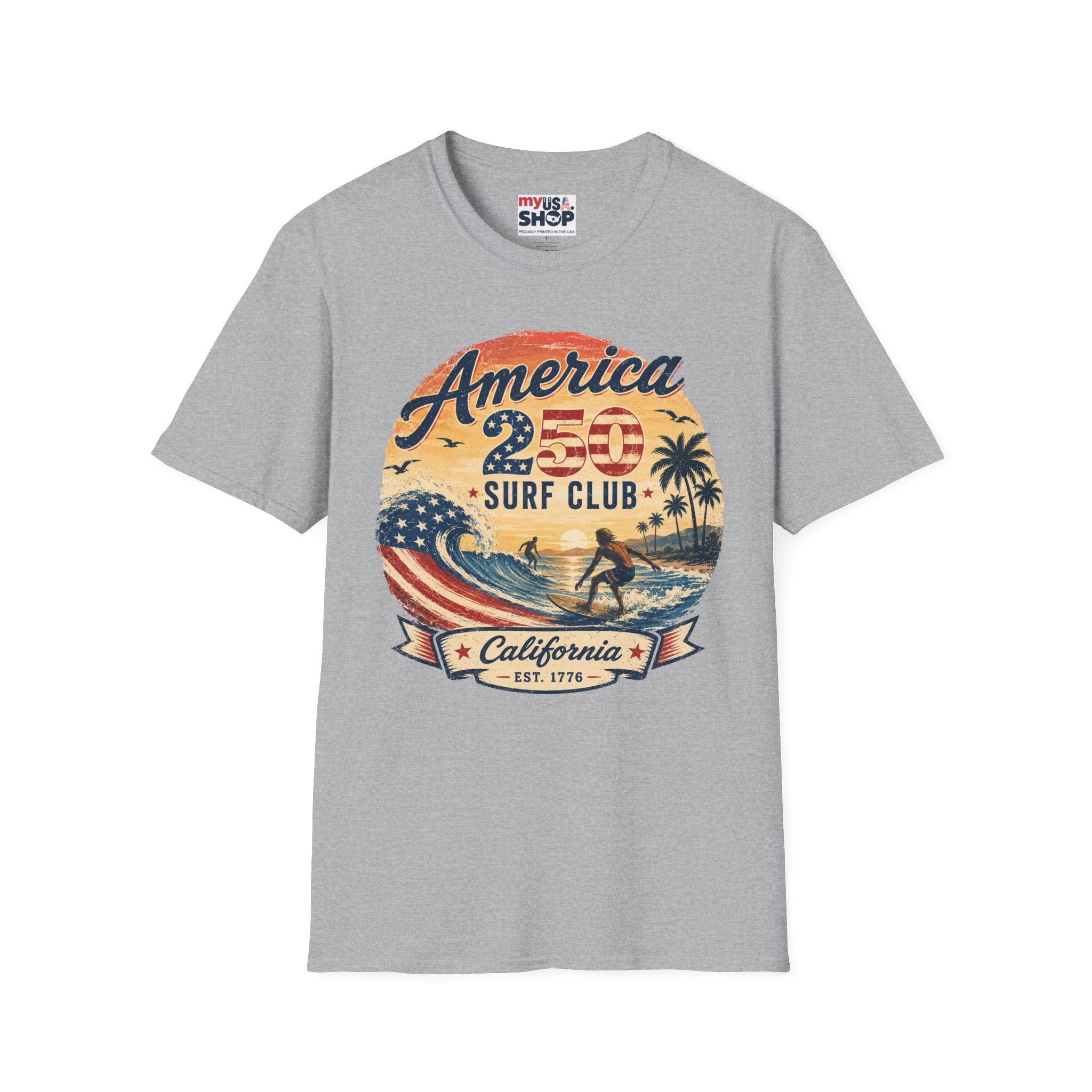 America 250 Surf Club T-Shirt — Patriotic California Surf Vintage Tee