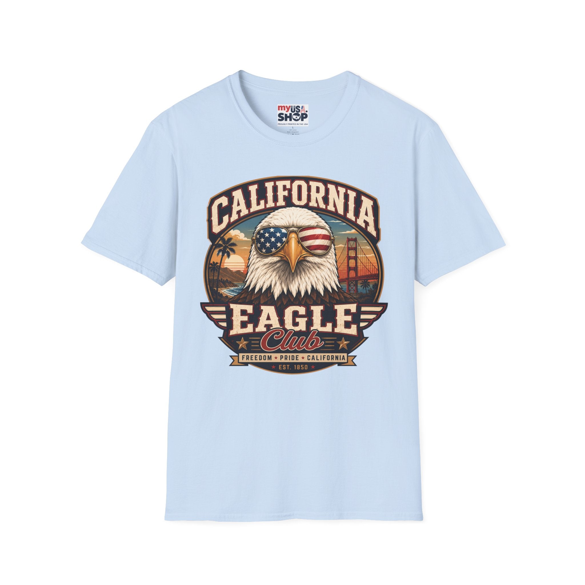 America 250 California Eagle Club T-Shirt — Patriotic Vintage Bald Eagle & Golden Gate Tee