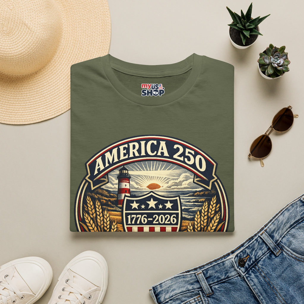 America 250 Commemorative T-Shirt – Wisconsin History Lighthouse Vintage Badge