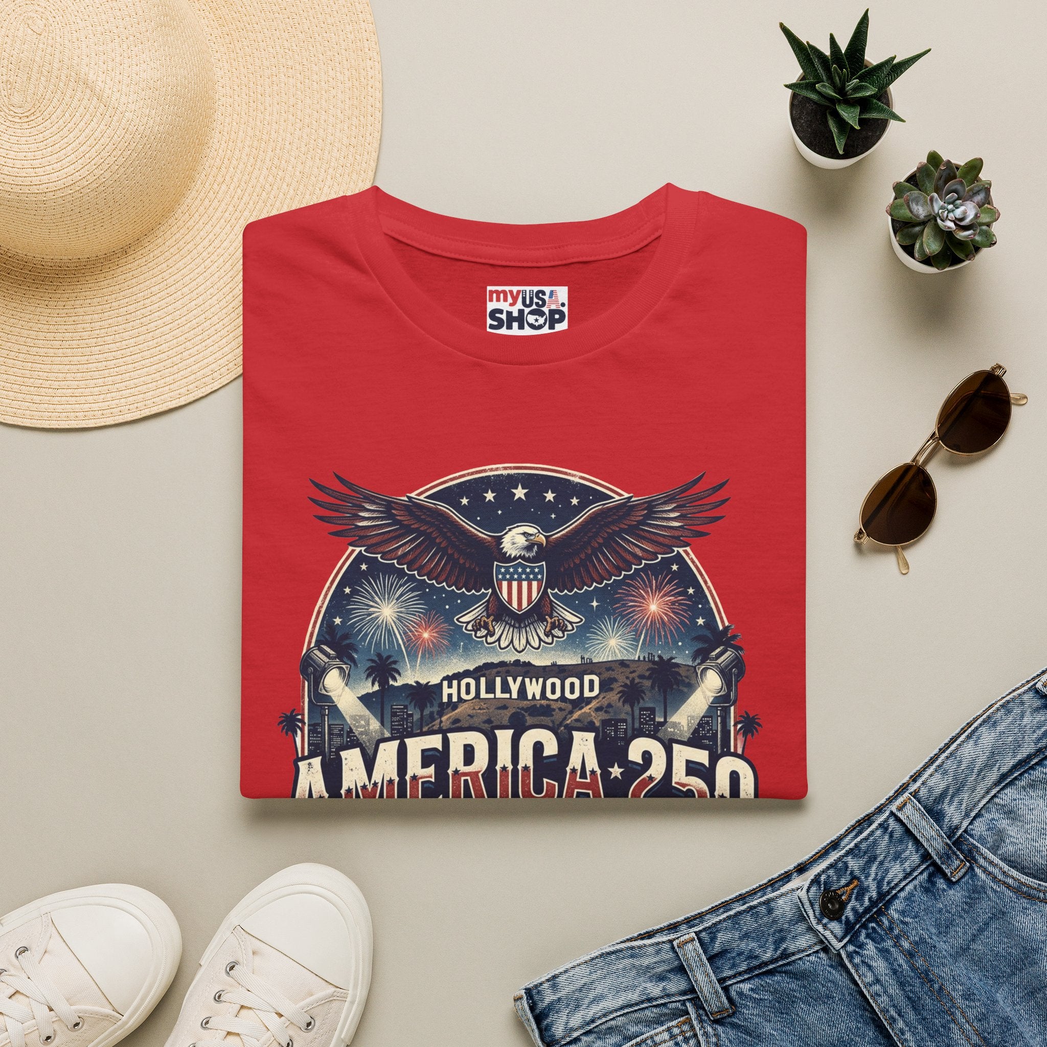 America 250 Graphic T-Shirt — Hollywood Stars & Stripes Eagle Design