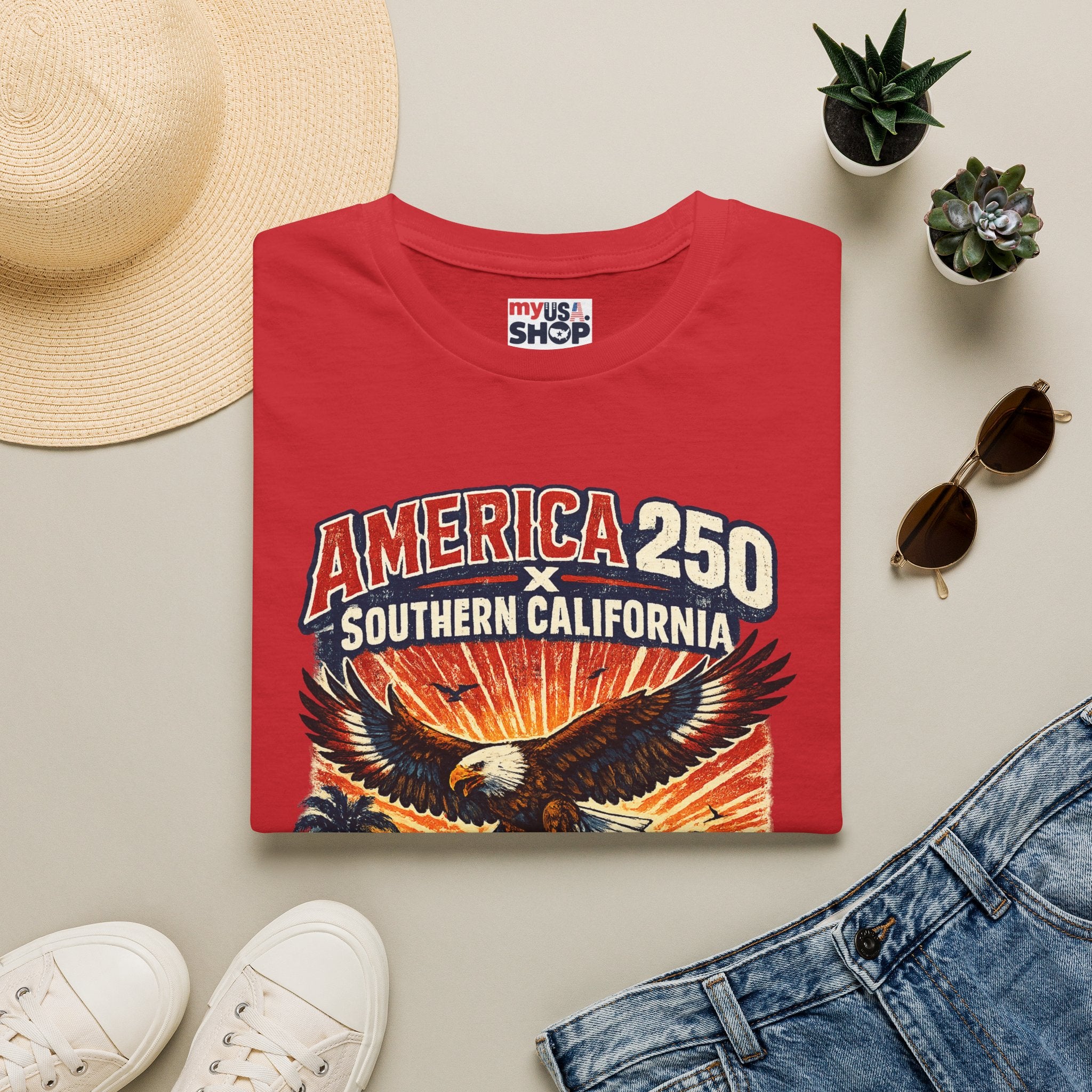 America 250 Southern California Graphic T-Shirt — Eagle, Sunset & Beach Vintage Design