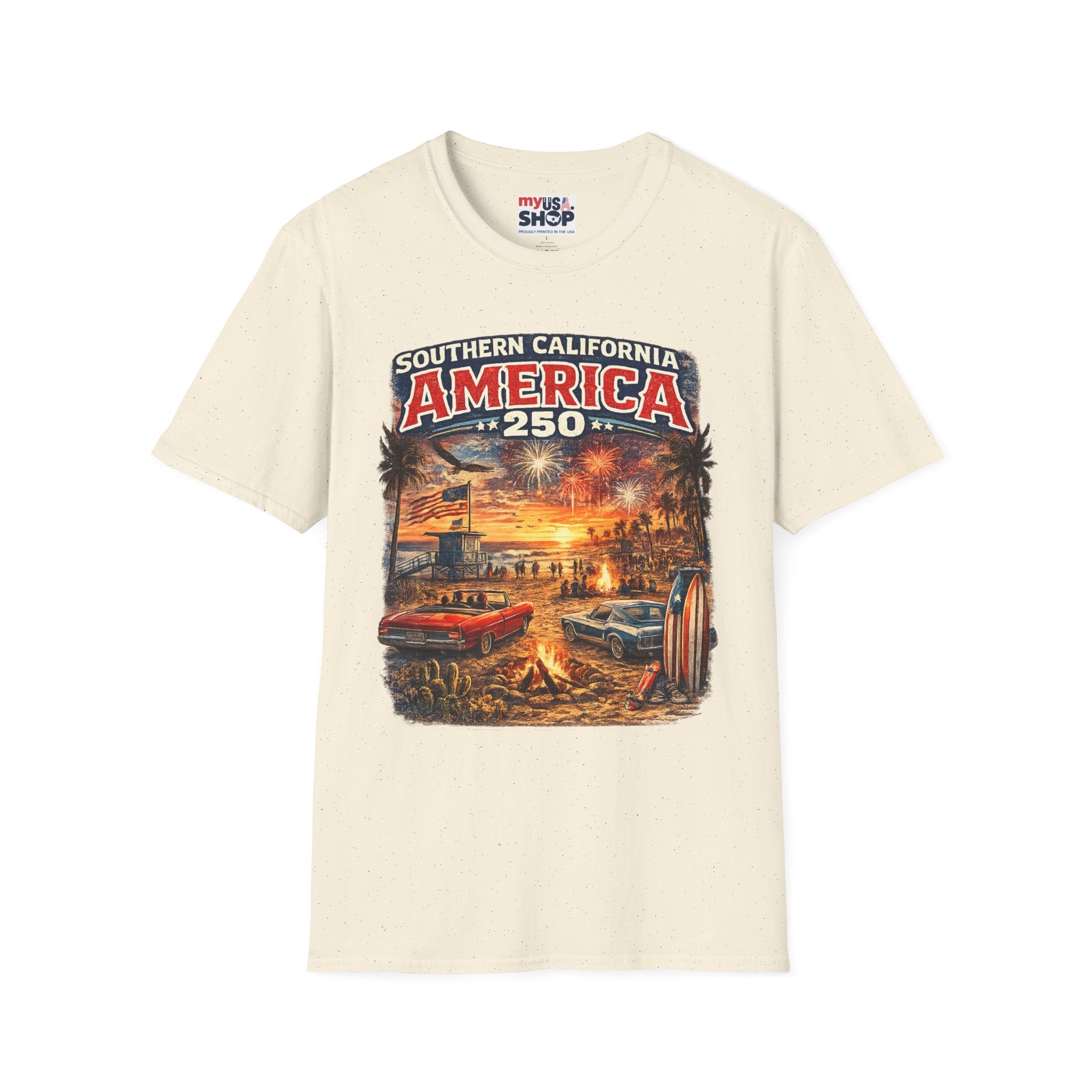 America 250 Southern California Sunset T-Shirt — Patriotic 4th of July Beach Vintage Tee