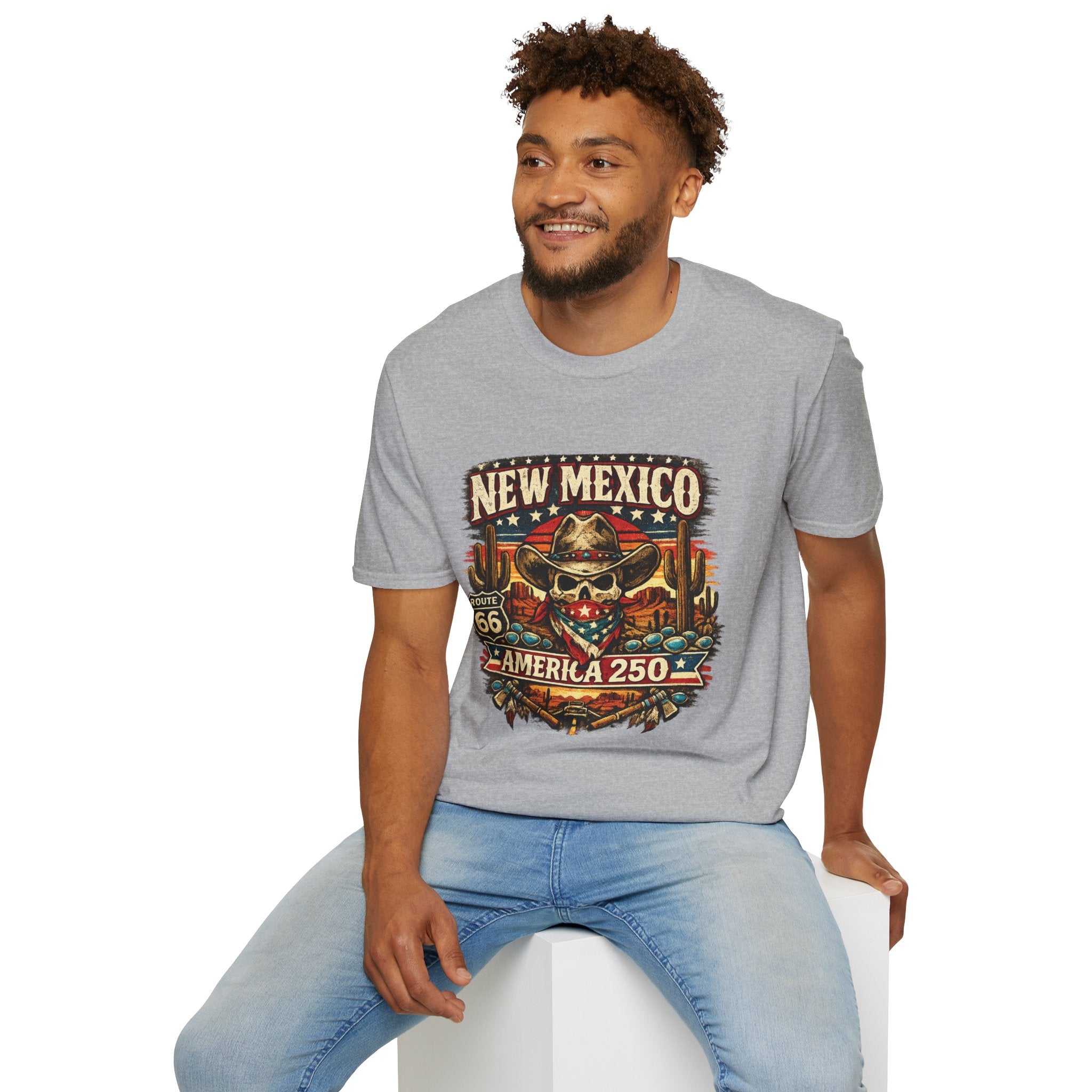America 250 x New Mexico Skull Cowboy — Vintage Route 66 Desert