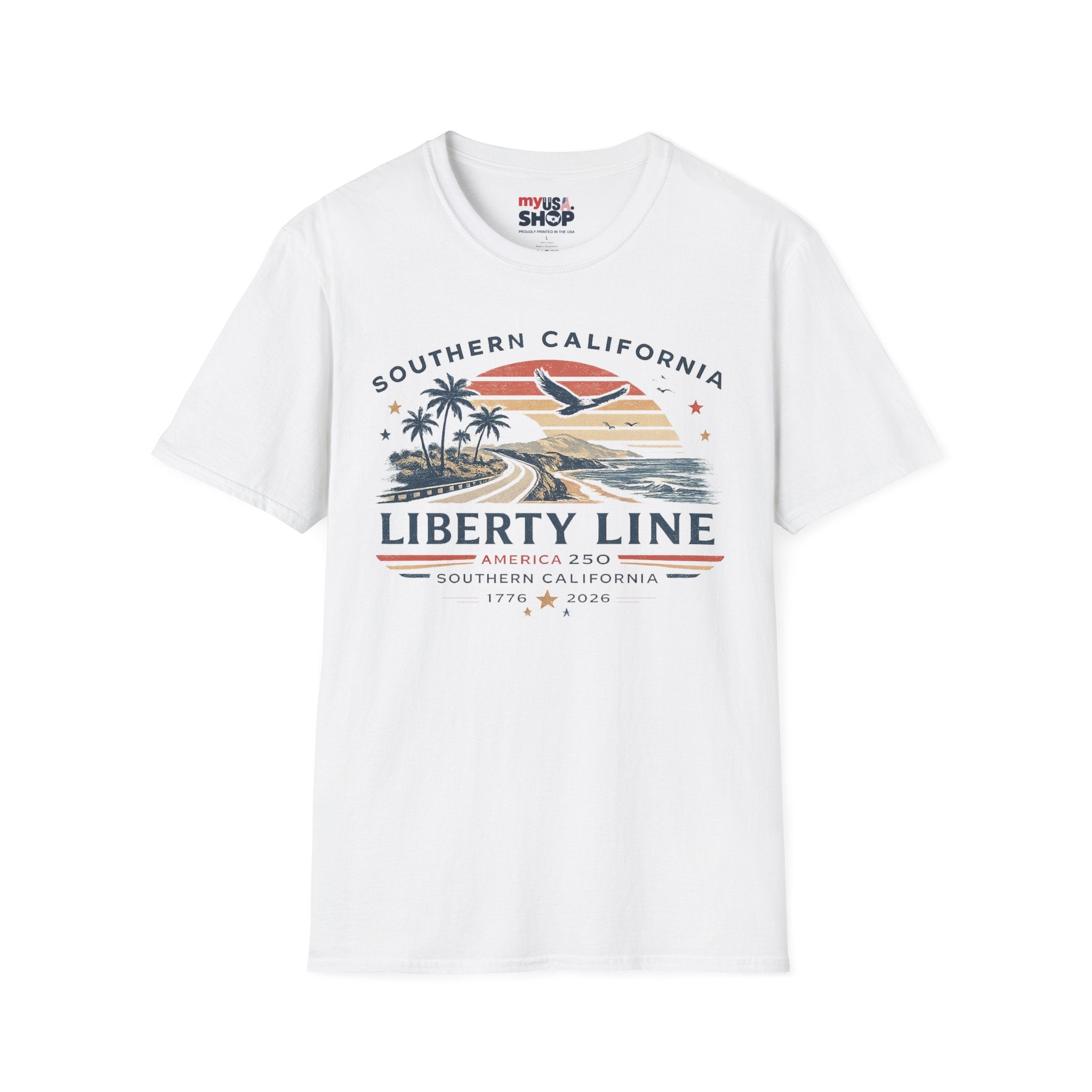 America 250 Southern California Liberty Line T-Shirt — Retro Beach Sunset Graphic