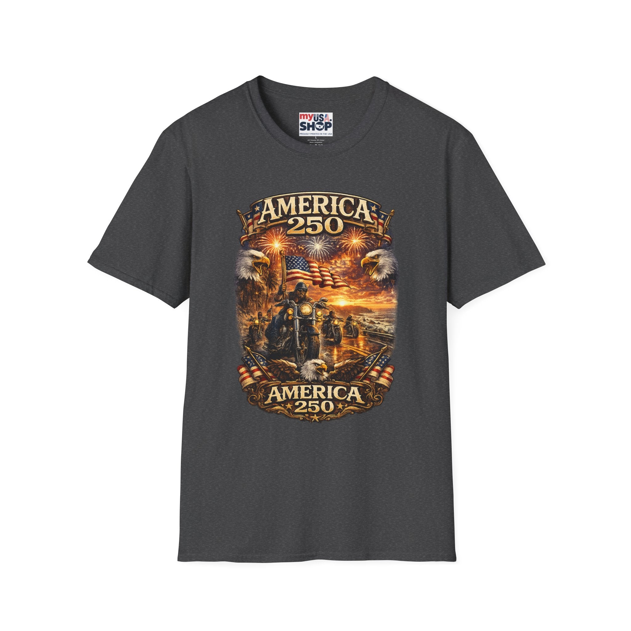 America 250 Celebration T-Shirt — Patriotic Fireworks & Bald Eagle Tee