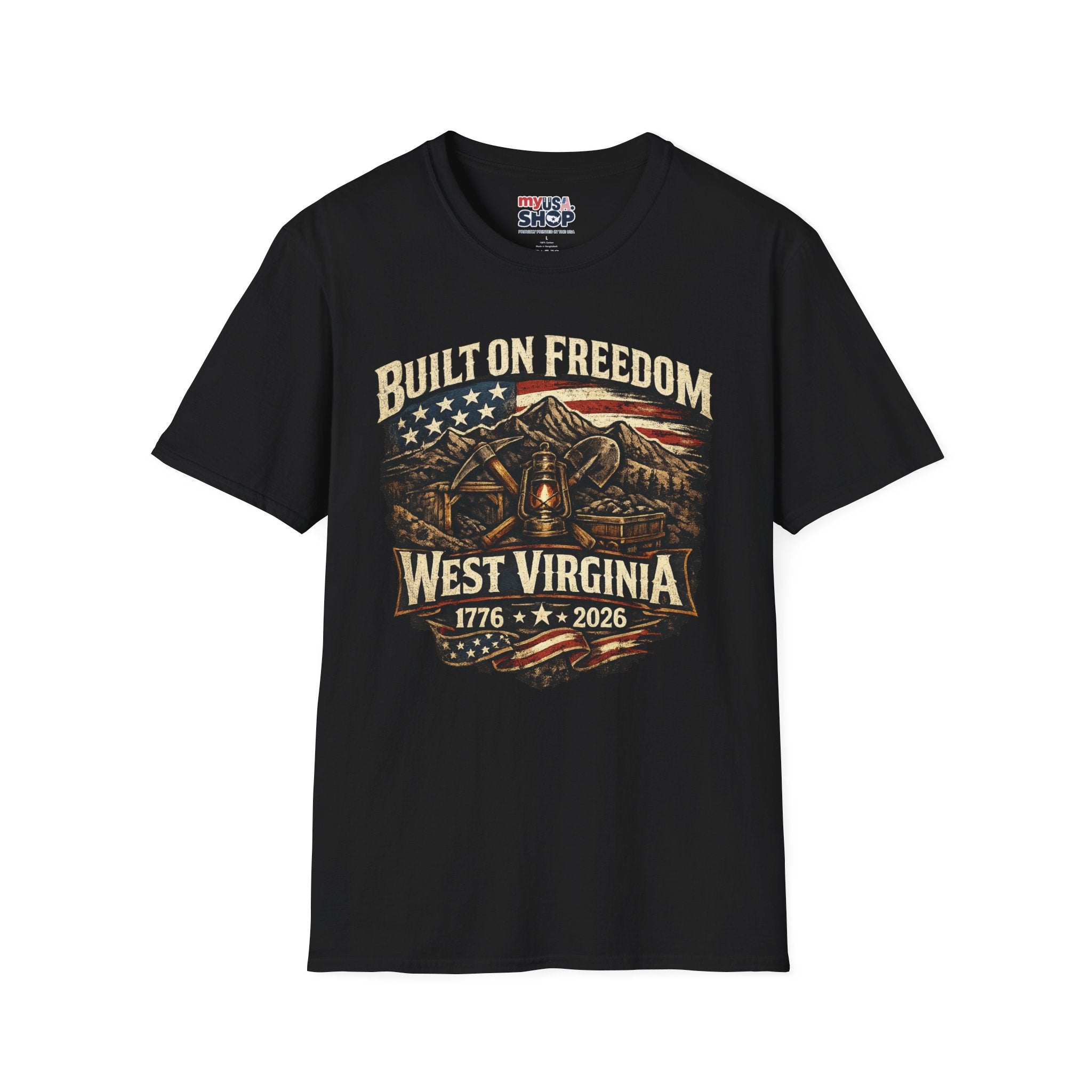 America 250 T-Shirt — Built on Freedom West Virginia Vintage Flag Mountain