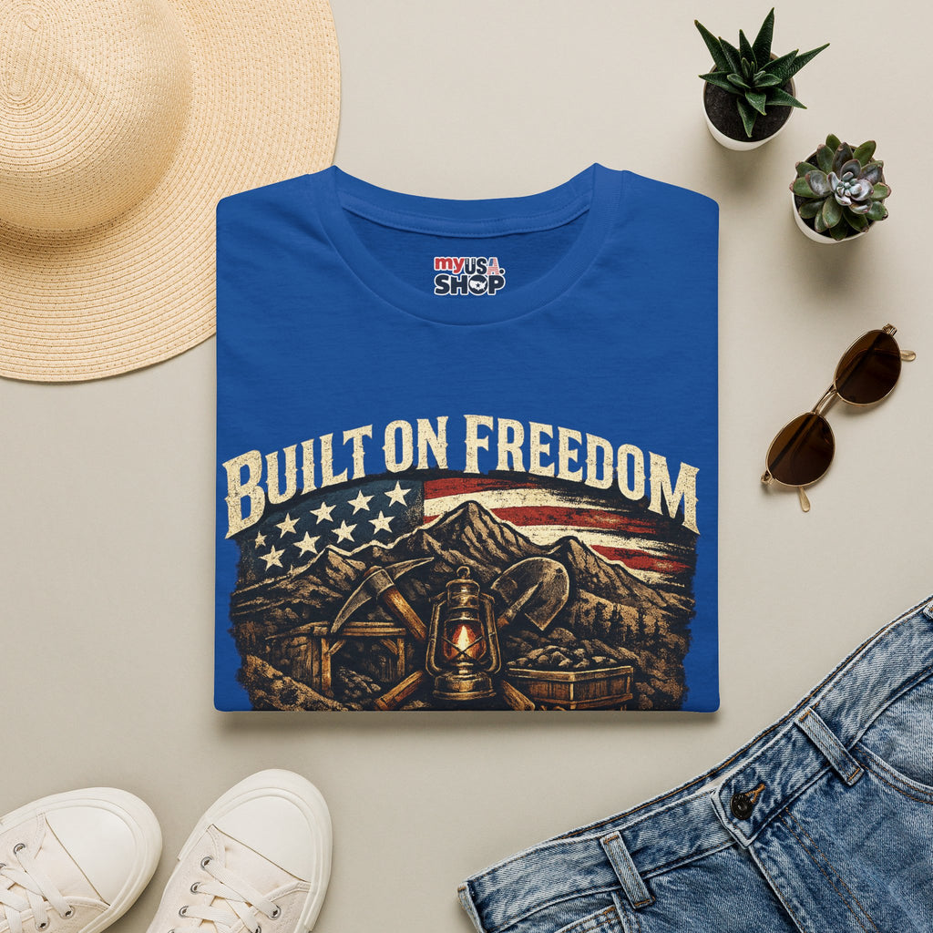 America 250 T-Shirt — Built on Freedom West Virginia Vintage Flag Mountain