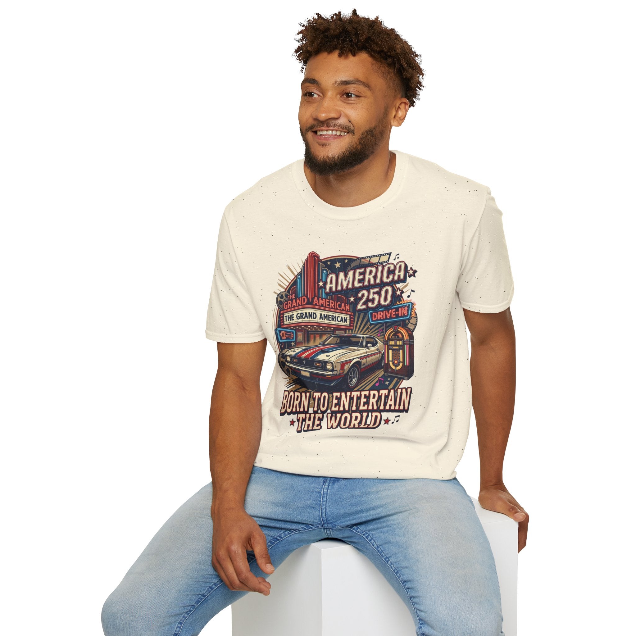 America 250 Vintage Drive-In Car T-Shirt — "Born to Entertain the World" Pop Culture