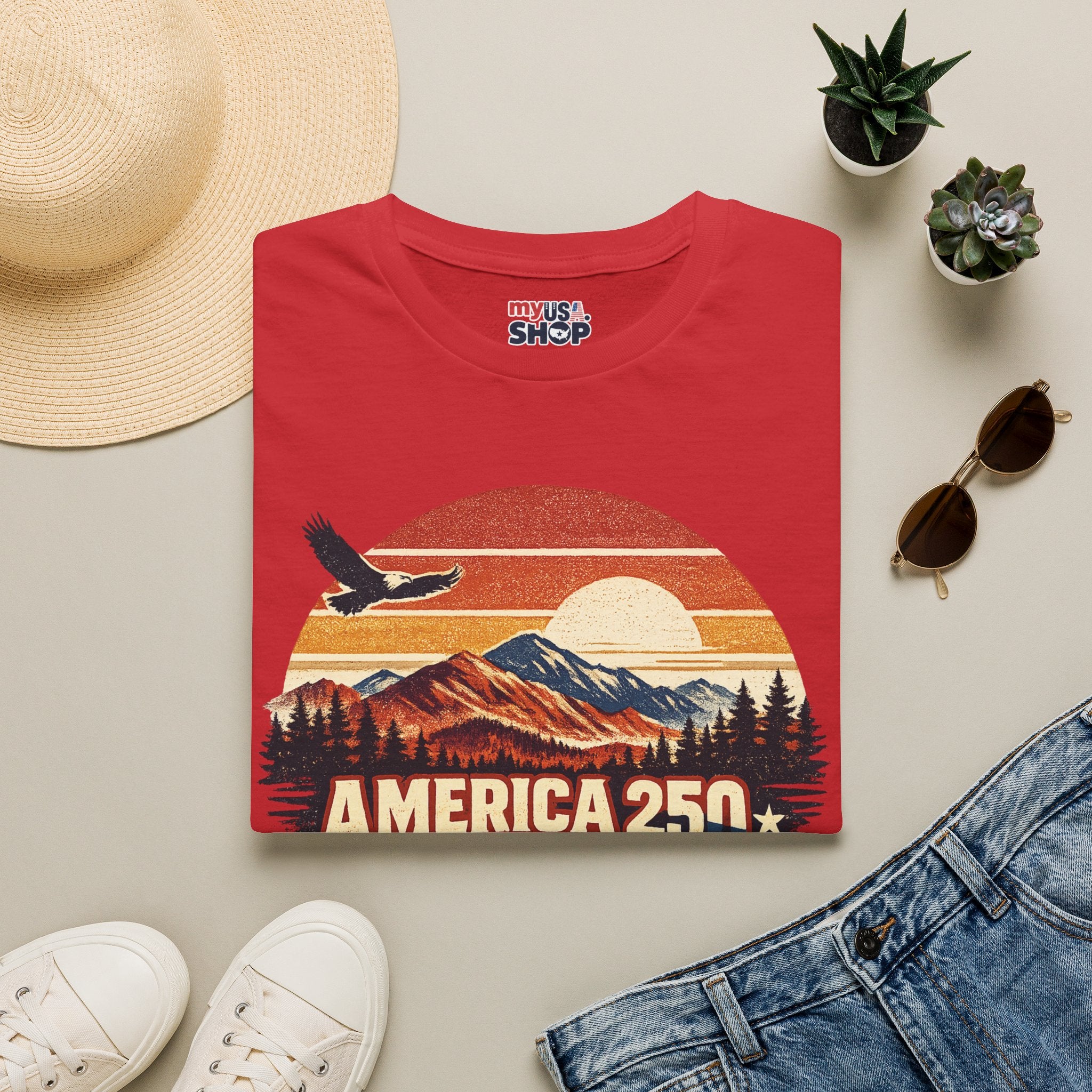 America 250 Retro Sunrise T-Shirt — West Virginia Scenic Eagle Design