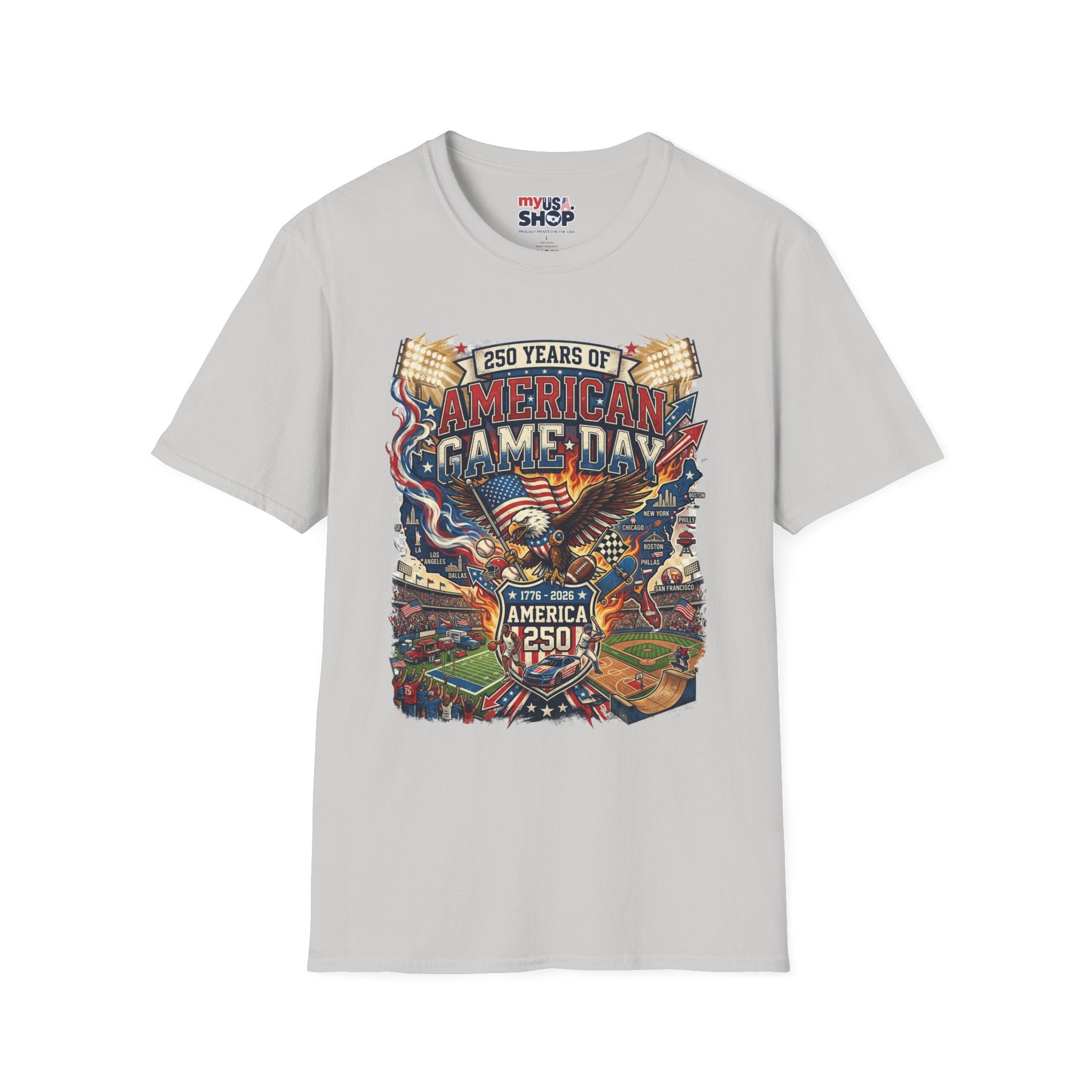 American Game Day T-Shirt — 250 Years USA Football & Baseball Celebration Pop Culture