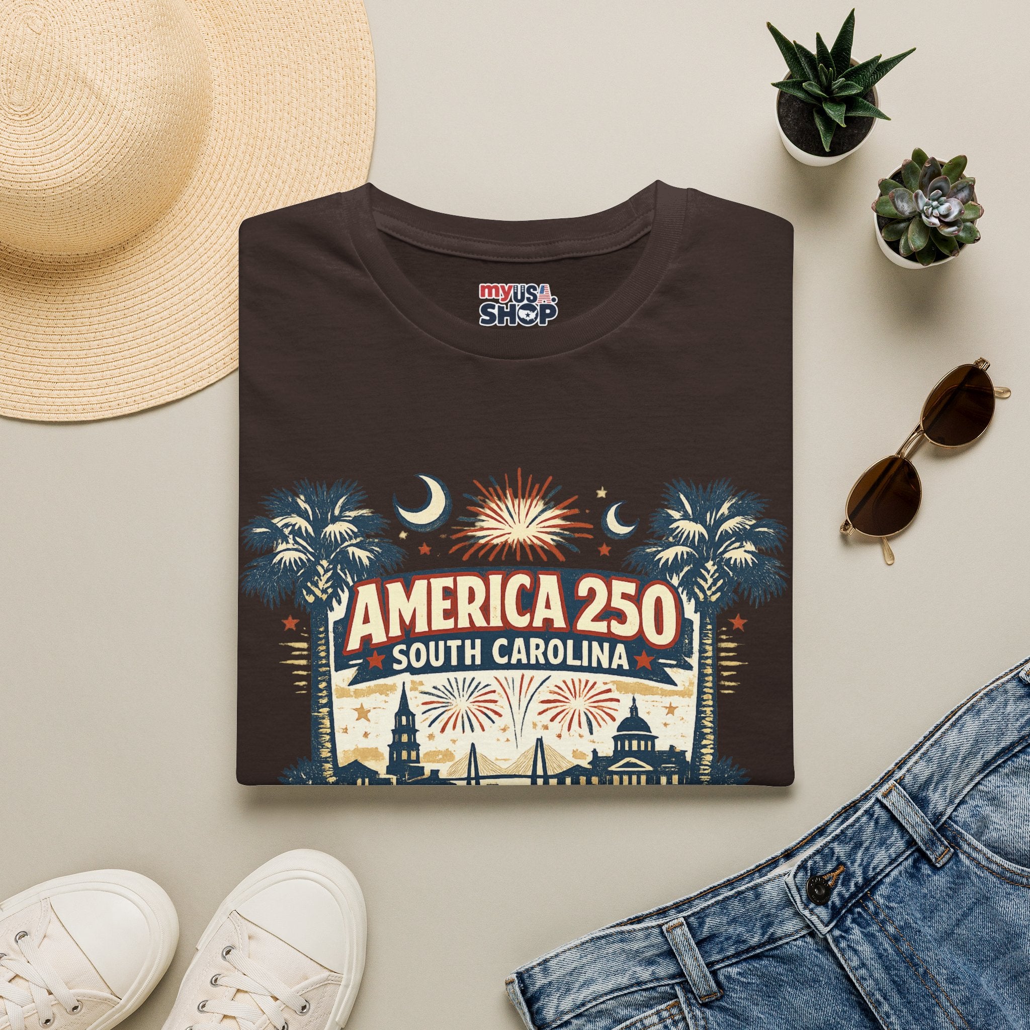 America 250 South Carolina T‑Shirt — Patriotic 250th Anniversary Tee with Palms & Fireworks
