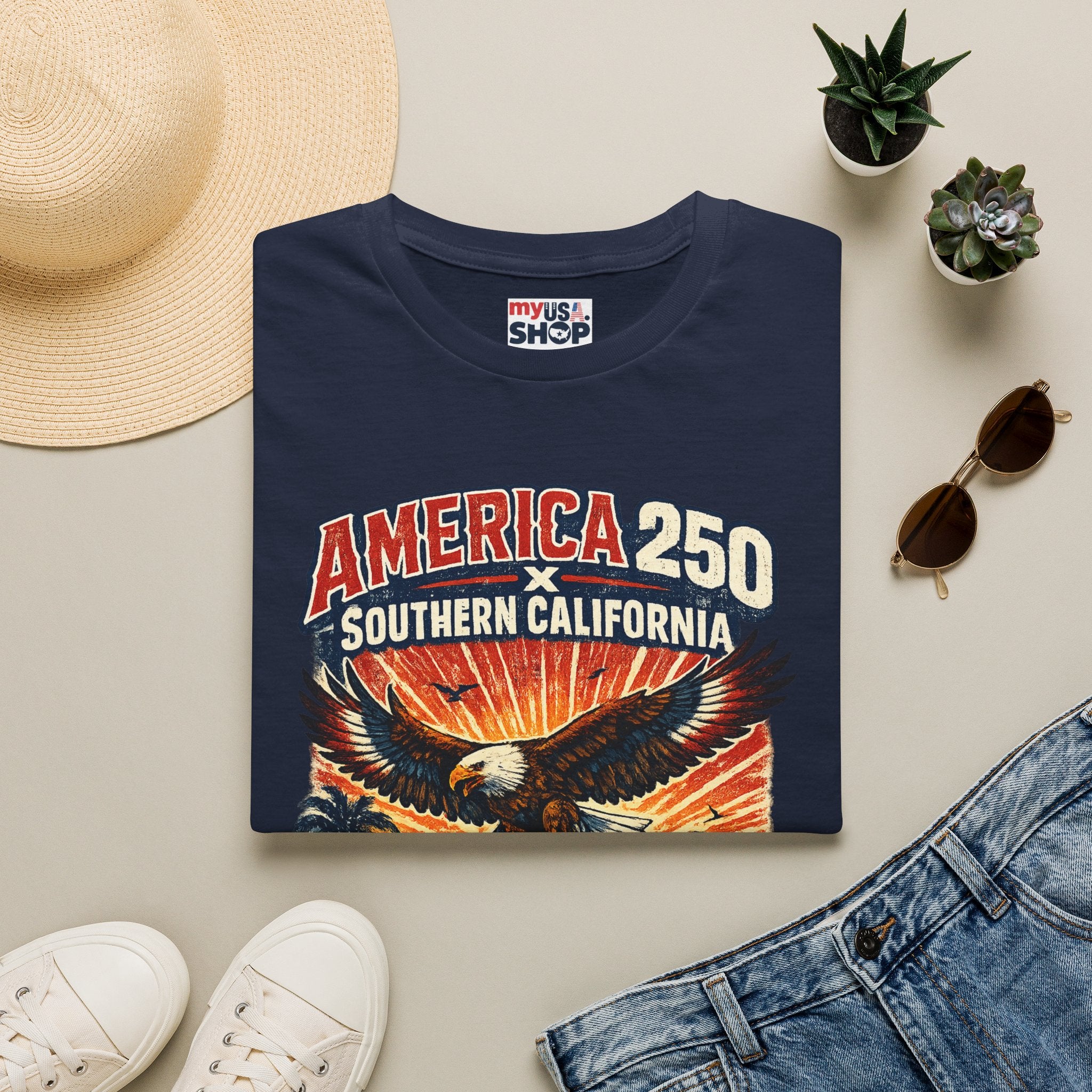 America 250 Southern California Graphic T-Shirt — Eagle, Sunset & Beach Vintage Design