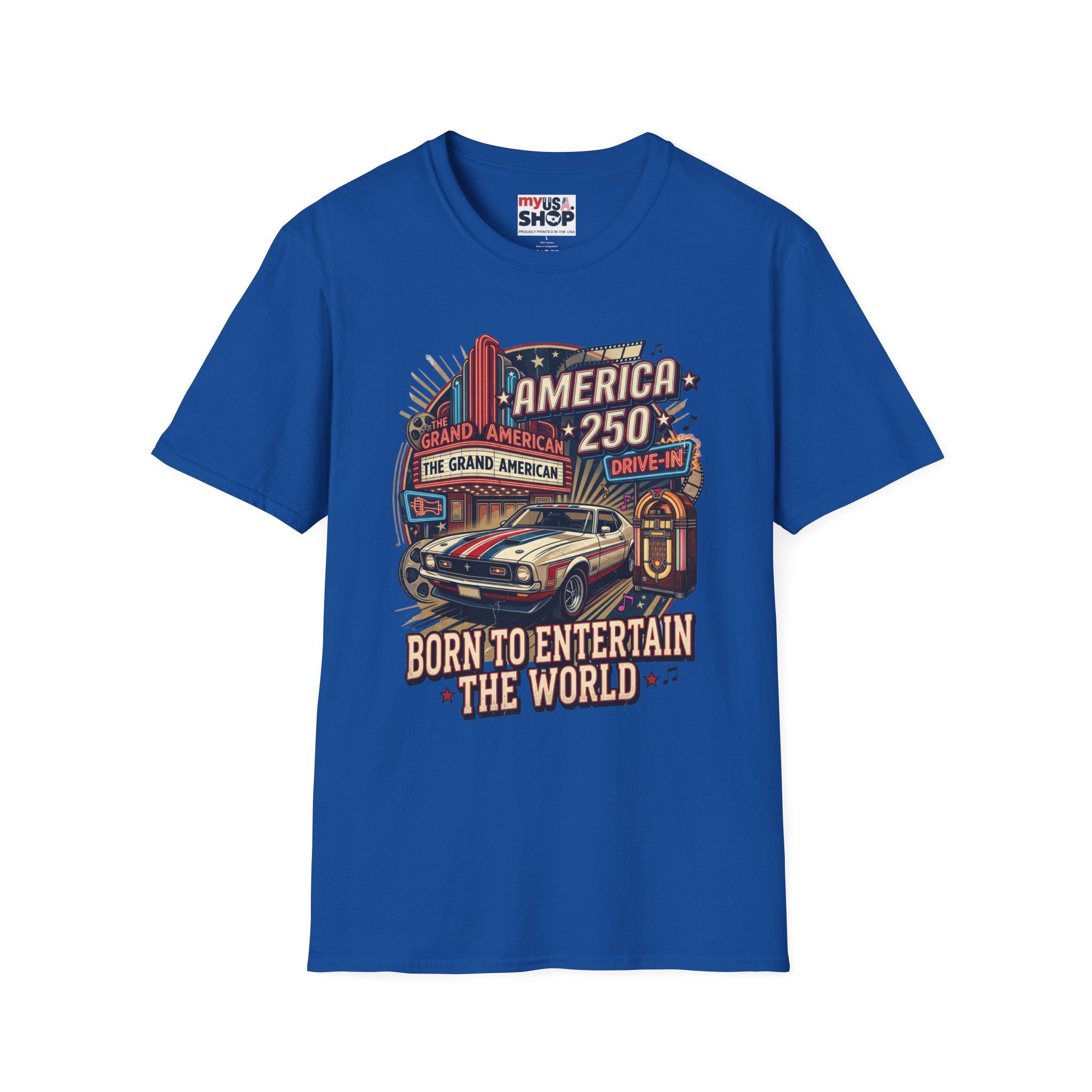 America 250 Vintage Drive-In Car T-Shirt — "Born to Entertain the World" Pop Culture
