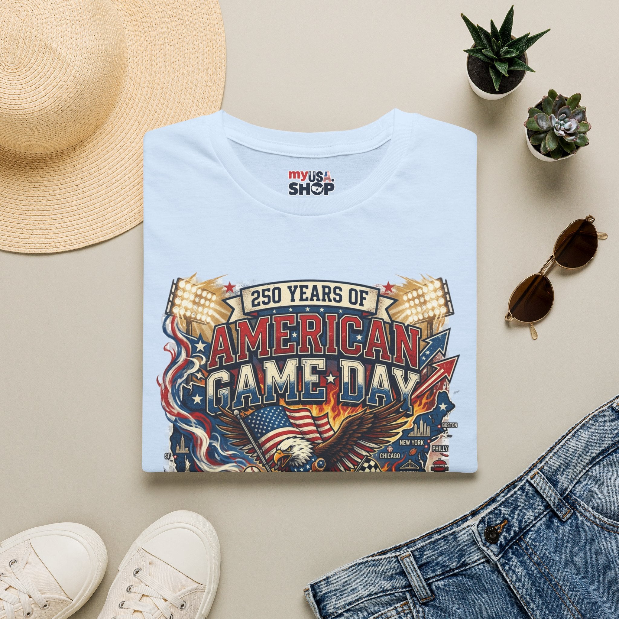 American Game Day T-Shirt — 250 Years USA Football & Baseball Celebration Pop Culture
