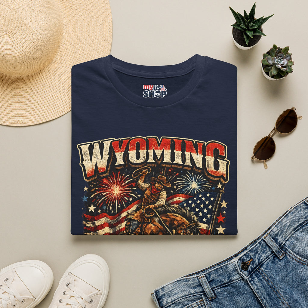 America 250 Freedom Tour T-Shirt — Wyoming Patriotic Rodeo USA Graphic Tee
