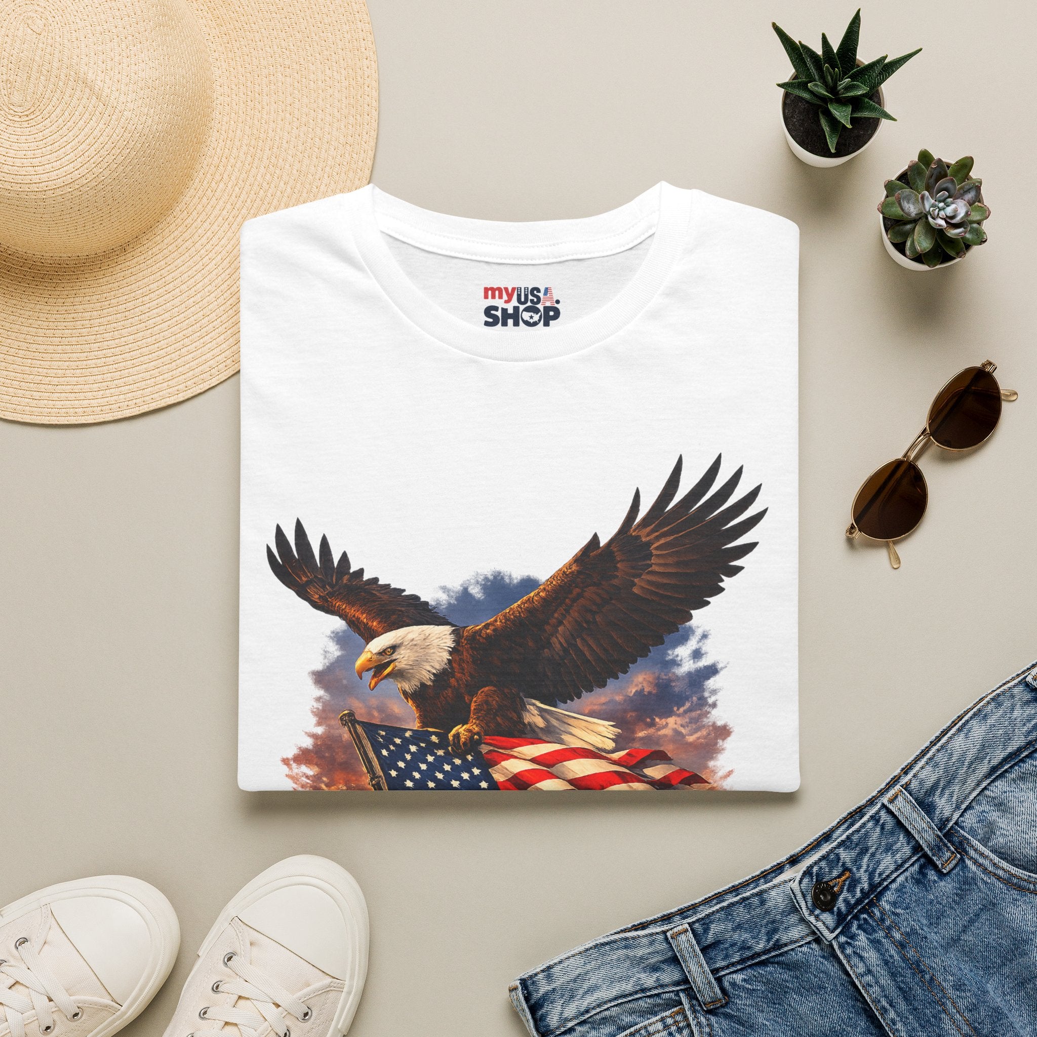 America 250 Los Angeles Eagle Flag Skyline Palms Sunset White California Tee