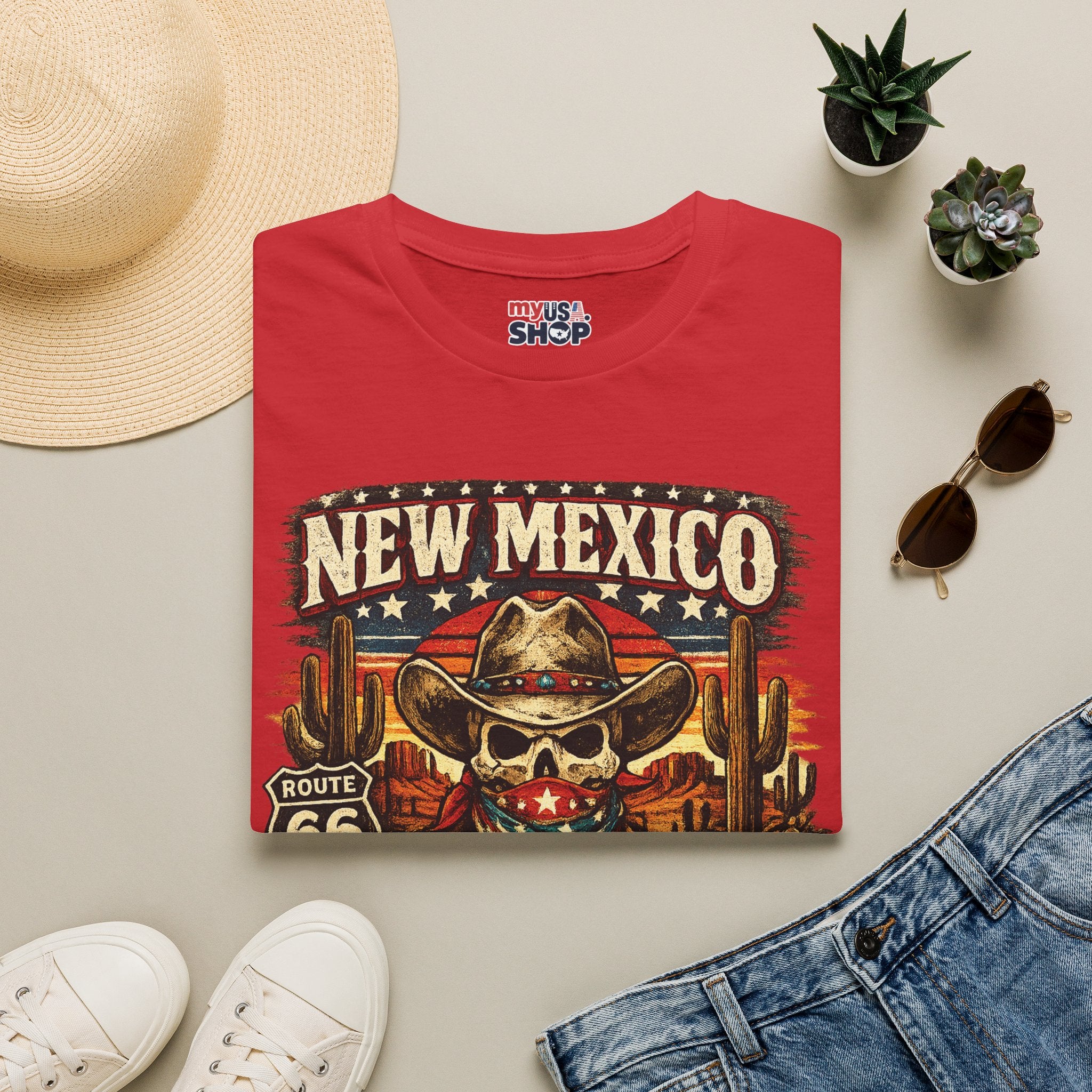 America 250 New Mexico Skull Cowboy T-Shirt — Route 66 Americana Desert Tee