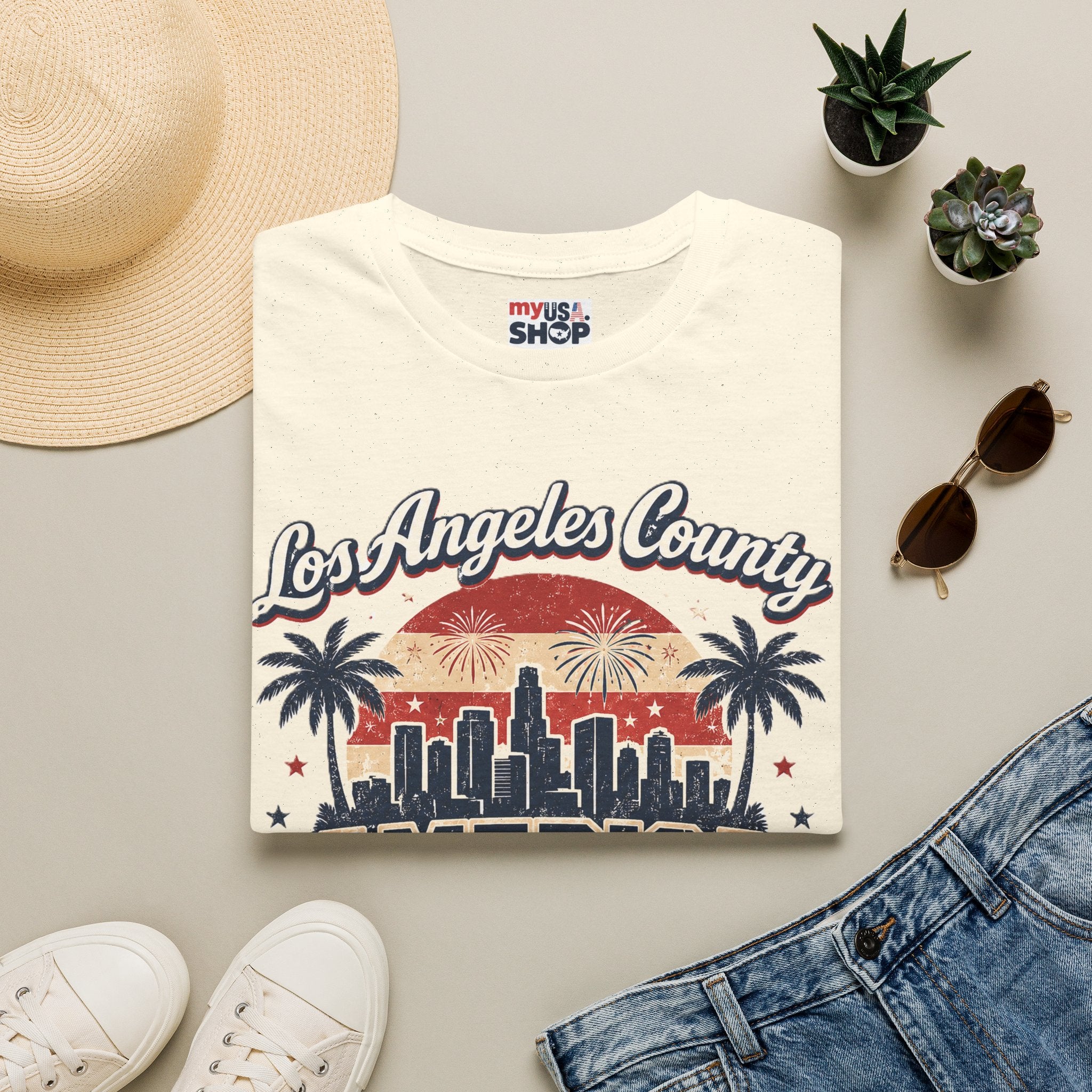 Los Angeles County Skyline T-Shirt — Vintage American 250 Fireworks Design