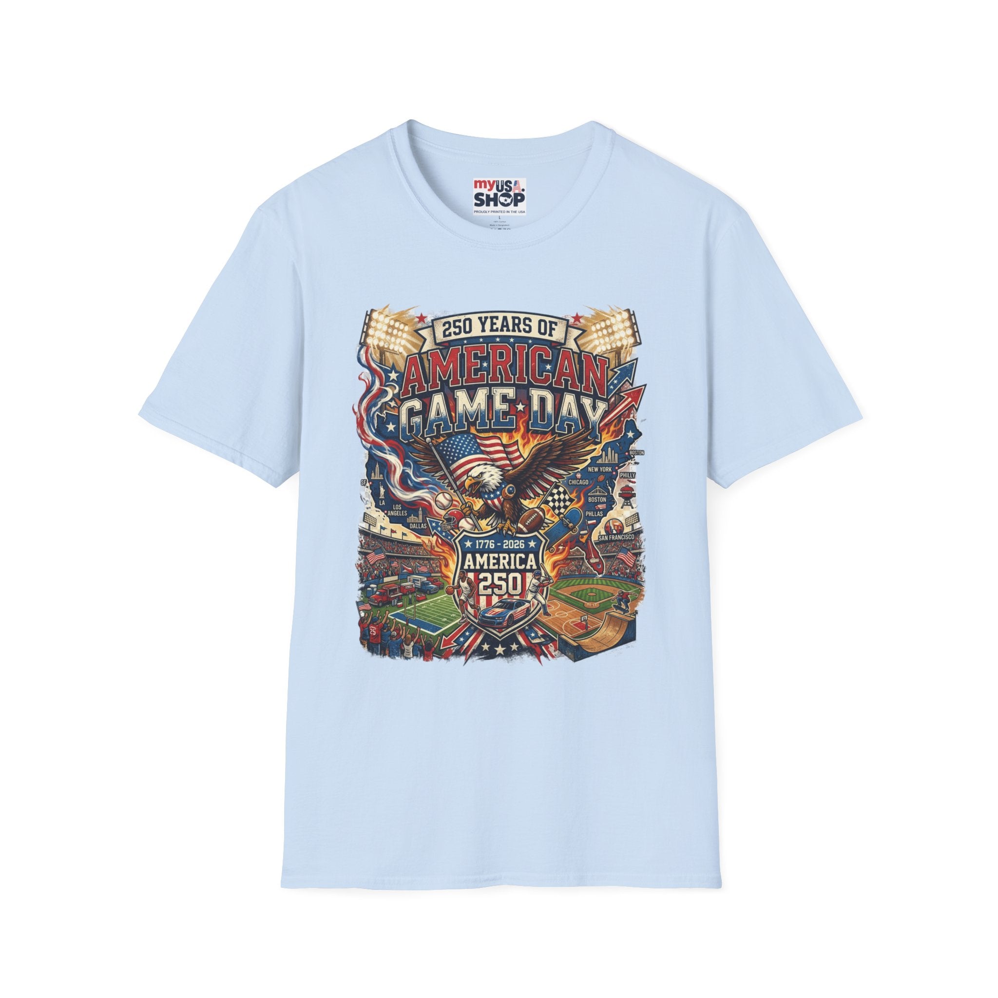 American Game Day T-Shirt — 250 Years USA Football & Baseball Celebration Pop Culture