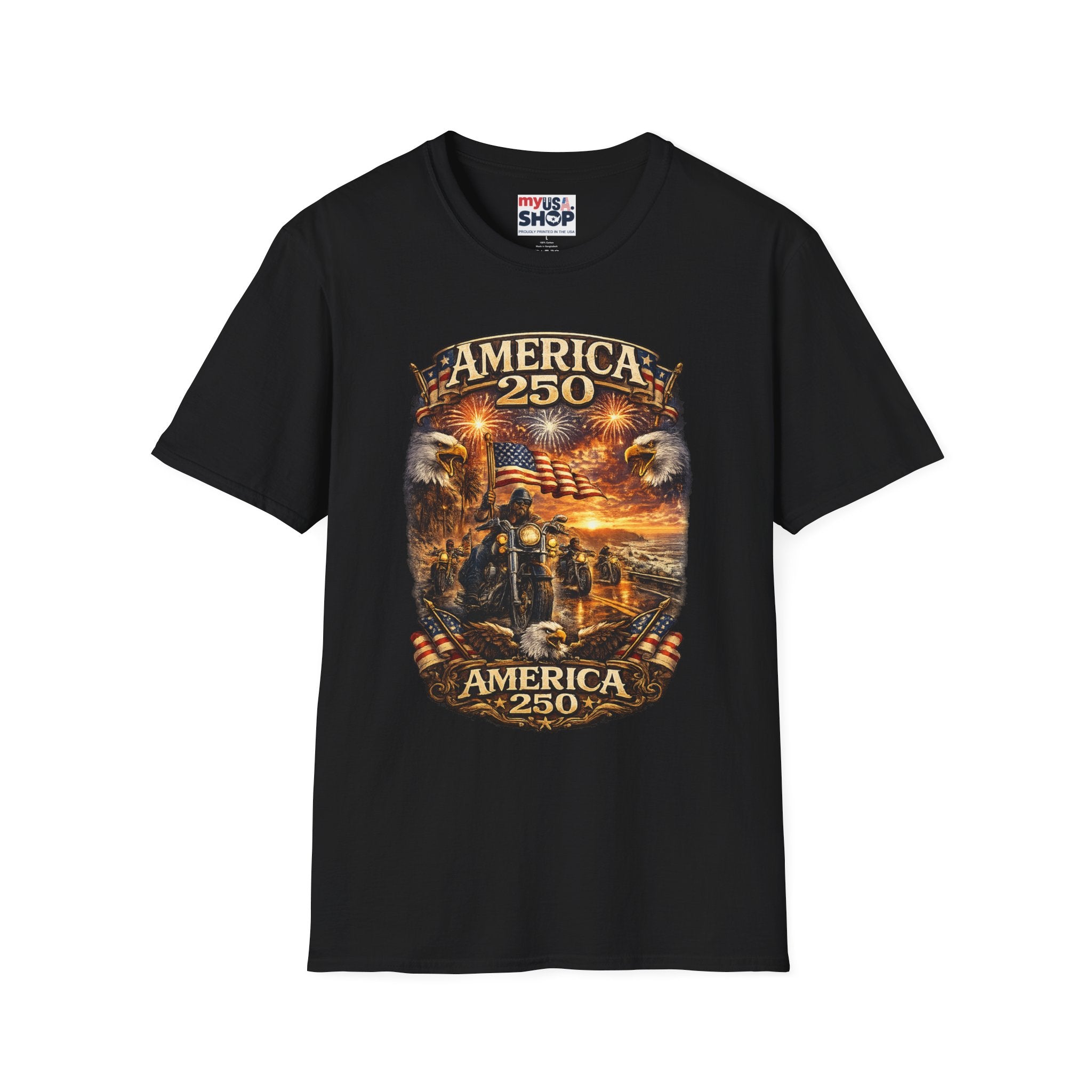 America 250 Celebration T-Shirt — Patriotic Fireworks & Bald Eagle Tee