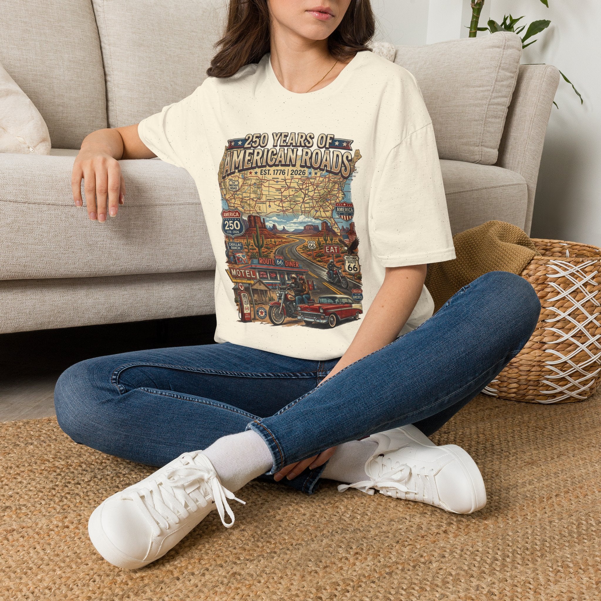 250 Years of American Roads T‑Shirt — Vintage USA Roadmap & Route 66 Travel Tee America 250 Pop Culture