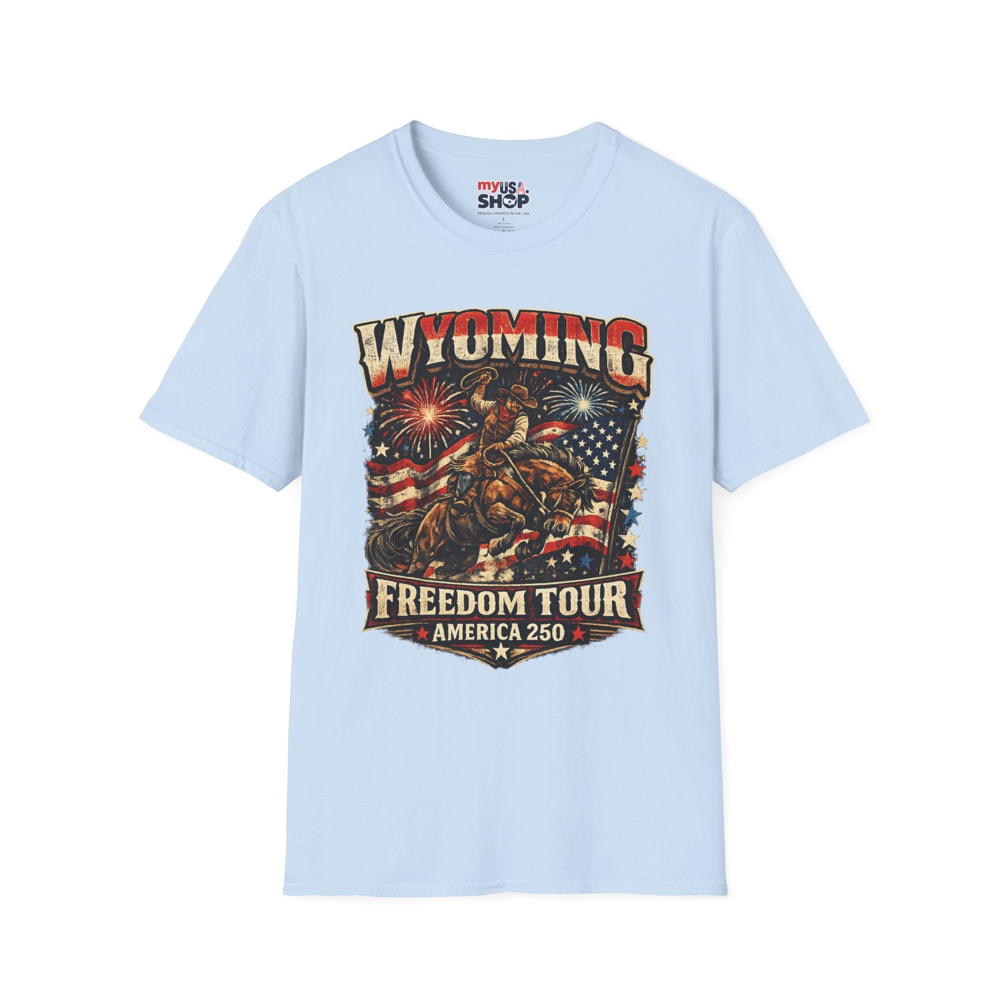 America 250 Freedom Tour T-Shirt — Wyoming Patriotic Rodeo USA Graphic Tee